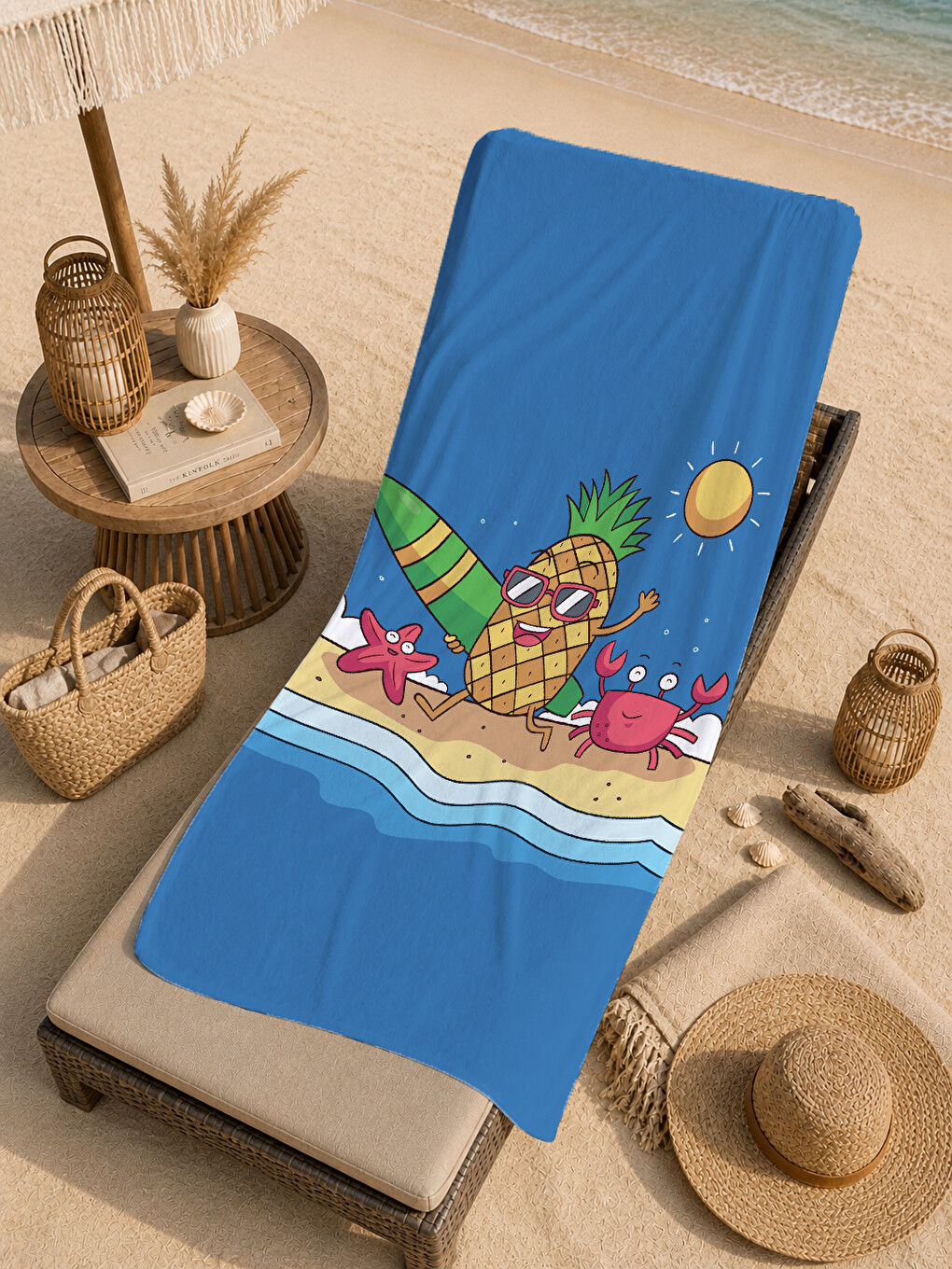 Mavi Deniz Temalı Gözlüklü Ananas Yengeç Ve Deniz 70x150 Cm Dijital Baskılı Plaj Ve Banyo Havlusu-4