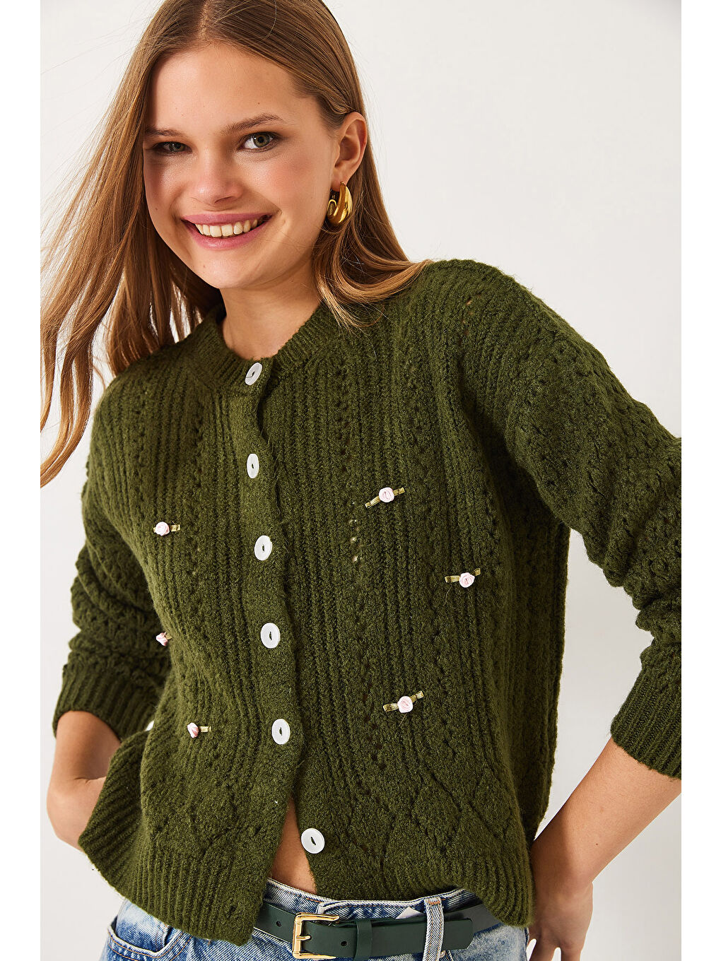 Yeşil Kadın Ajurlu Çiçekli Triko Hırka-3