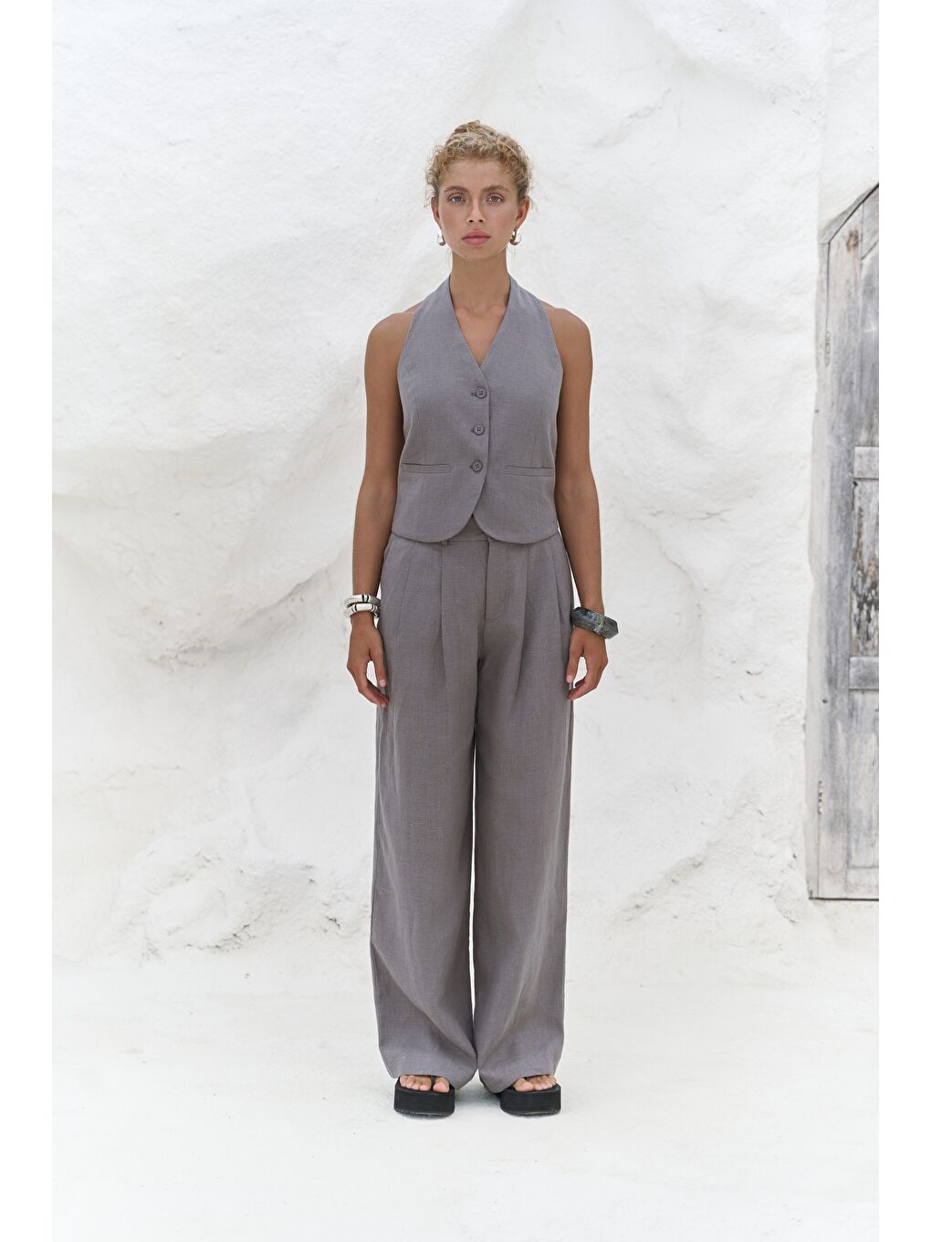 Dena Sırt Dekolteli Antrasit Keten Yelek Pantolon Takım-1