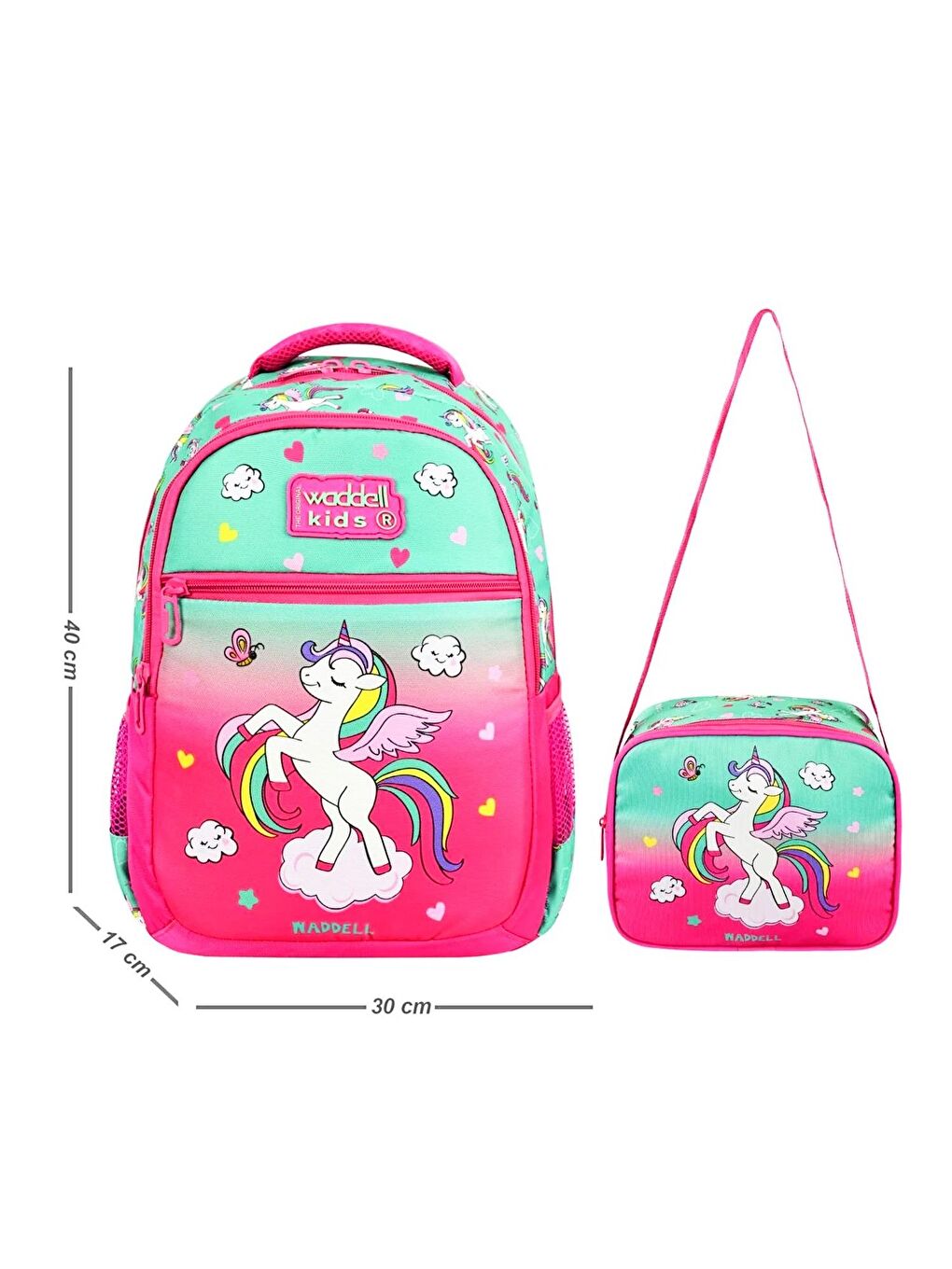 3 Bölmeli İlkokul Çantası ve Beslenme Çantası Su Yeşili Pembe 24301-1