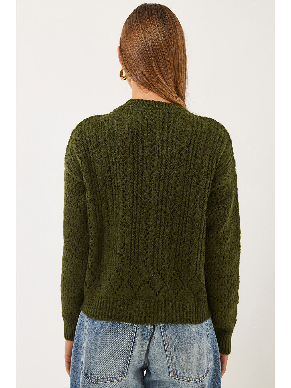 Yeşil Kadın Ajurlu Çiçekli Triko Hırka-5