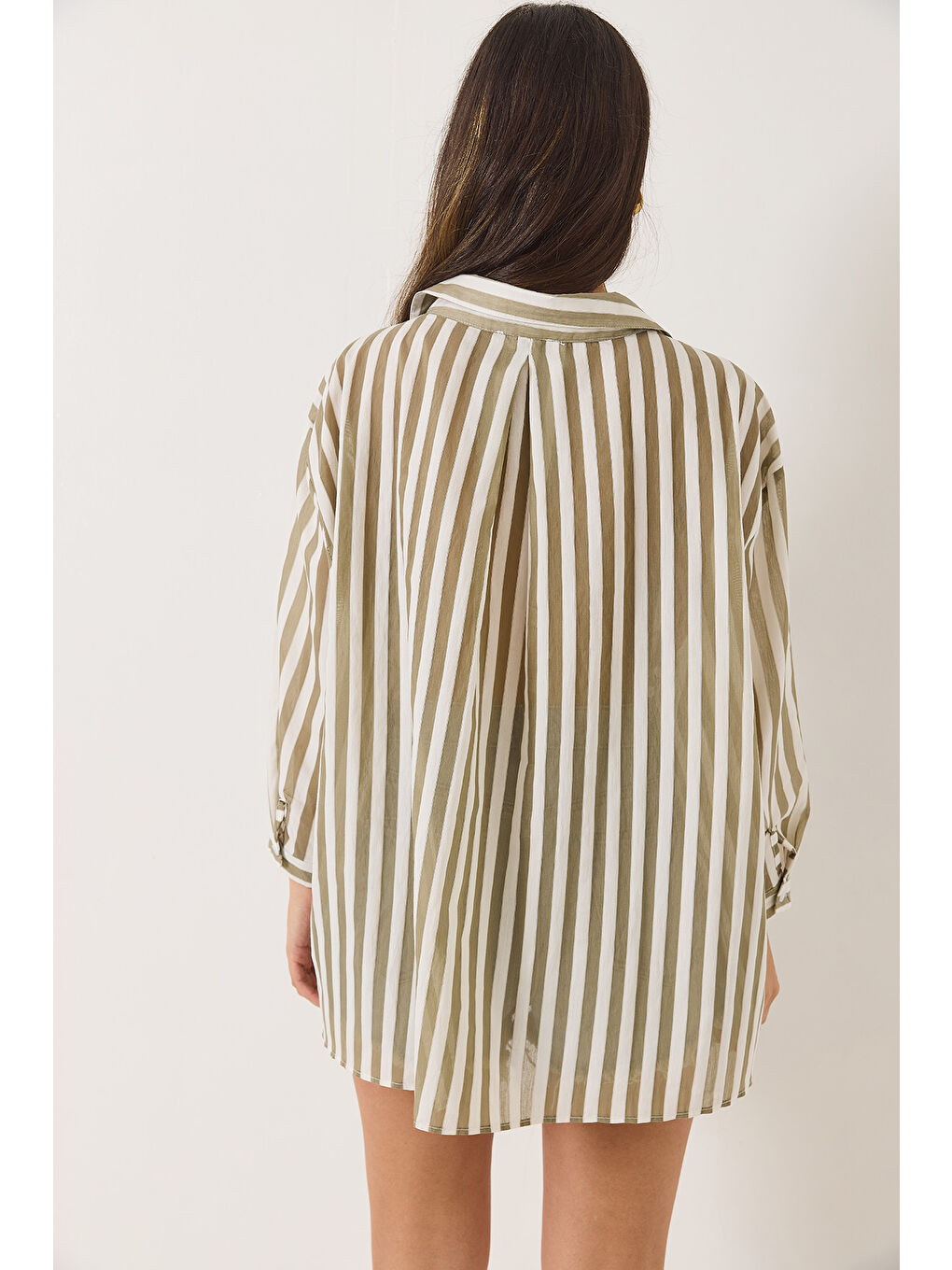Haki Kadın Çizgili Tek Cep Detaylı Oversize Gömlek-6