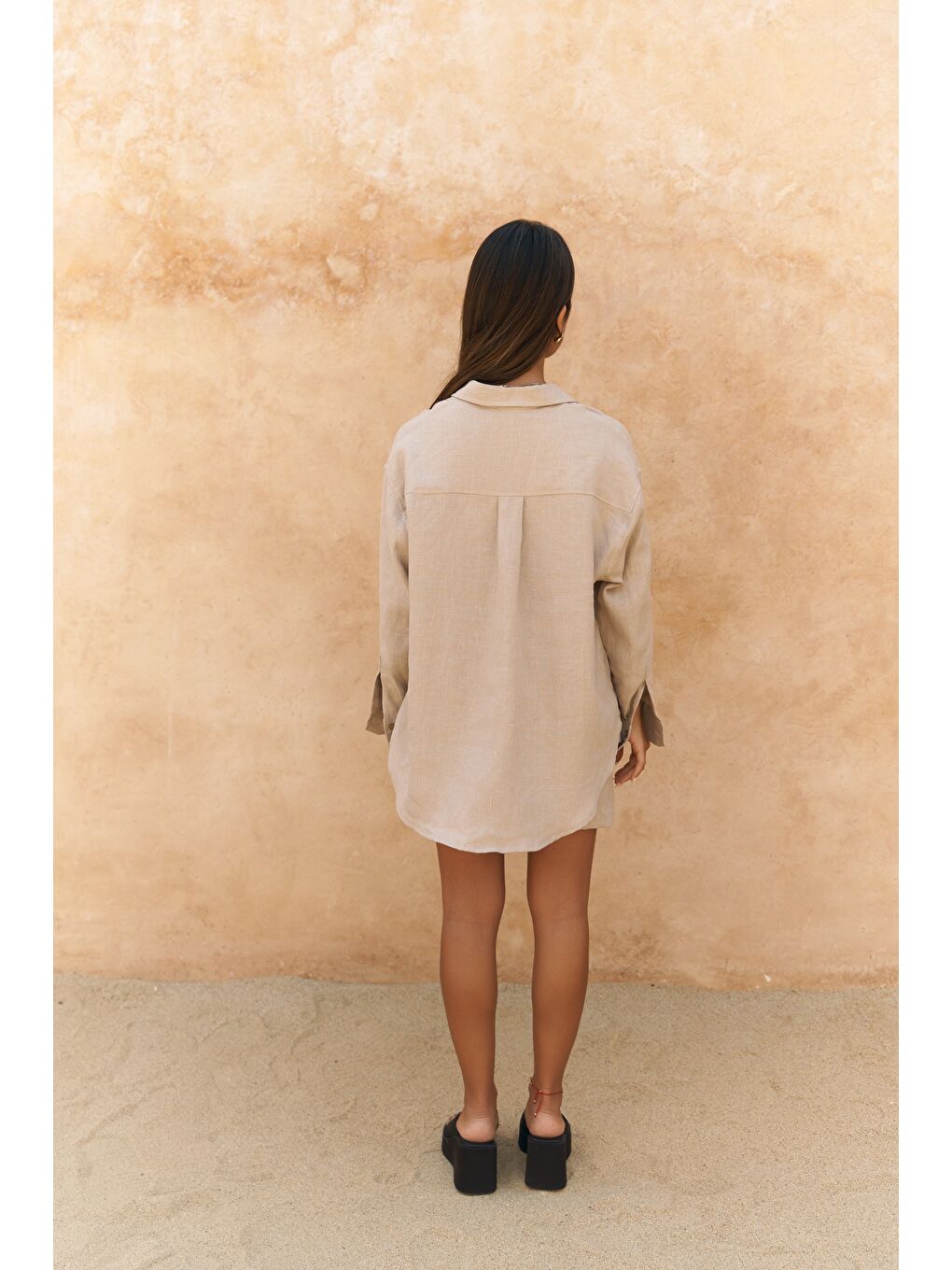 Gaelil Oversize Bej Keten Gömlek Şort Takım-1