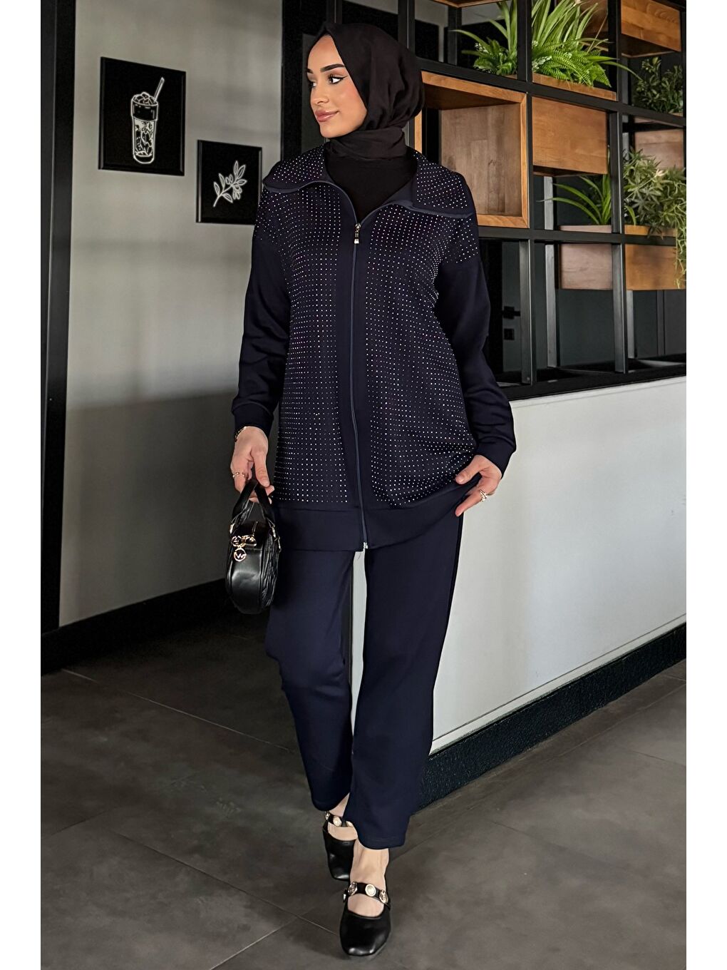 Lacivert Taş Detaylı Fermuarlı Büyük Beden Tesettür Hırka Pantolon İkili Takım-1