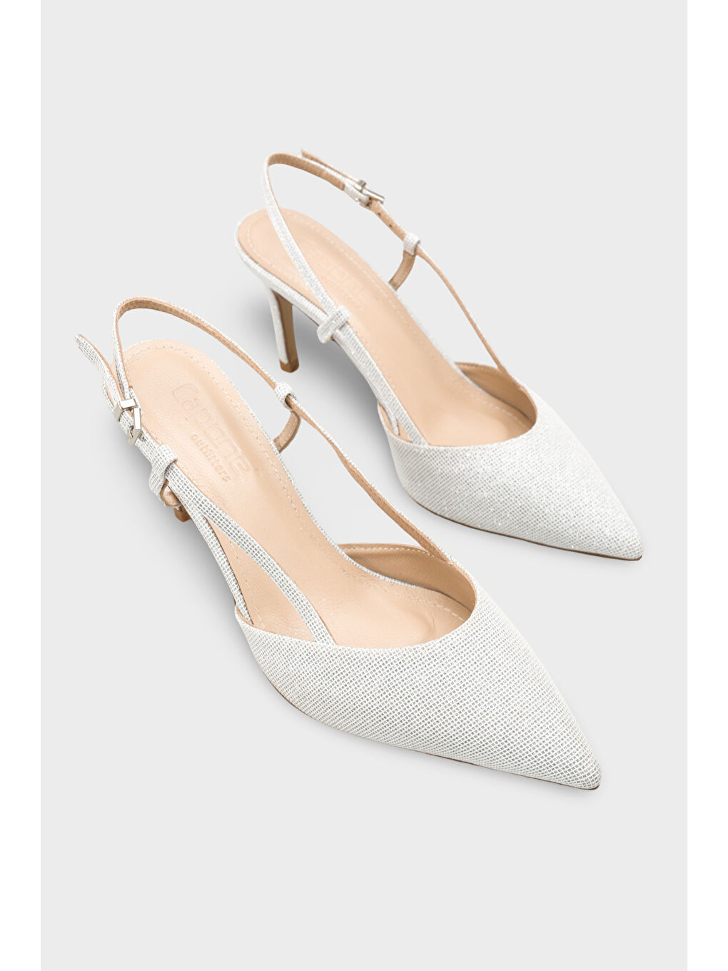 Beyaz Susie Hakiki Deri Astarlı Sivri Burunlu Orta Topuklu Simli Arkası Açık Kadın Ayakkabı-1