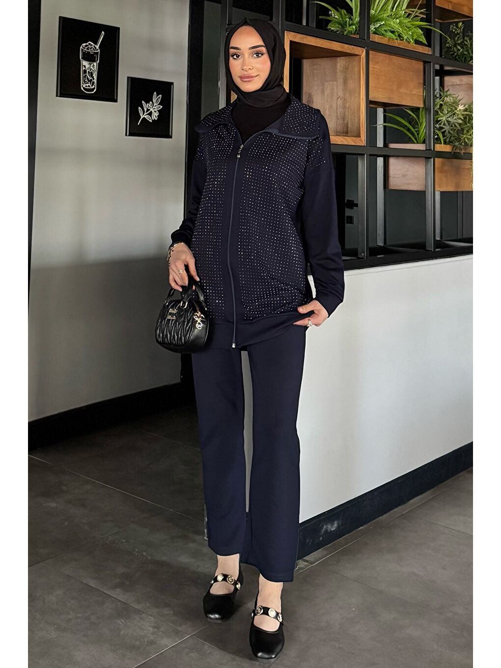 Lacivert Taş Detaylı Fermuarlı Büyük Beden Tesettür Hırka Pantolon İkili Takım-2