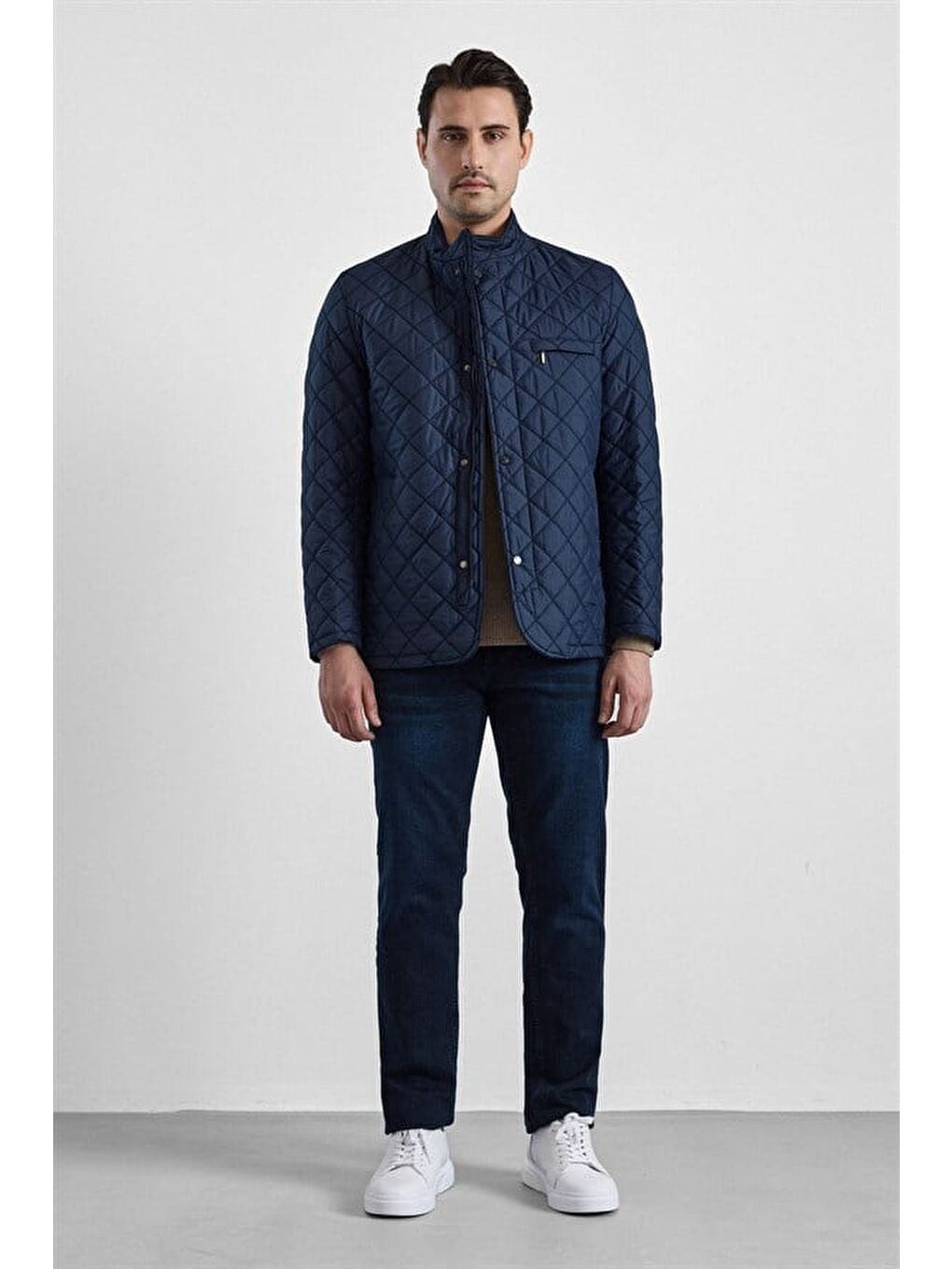 Lacivert Regular Klasik Yaka Düz Yan Cepli Fermuar Kapitone Su Geçirmez Mont-5