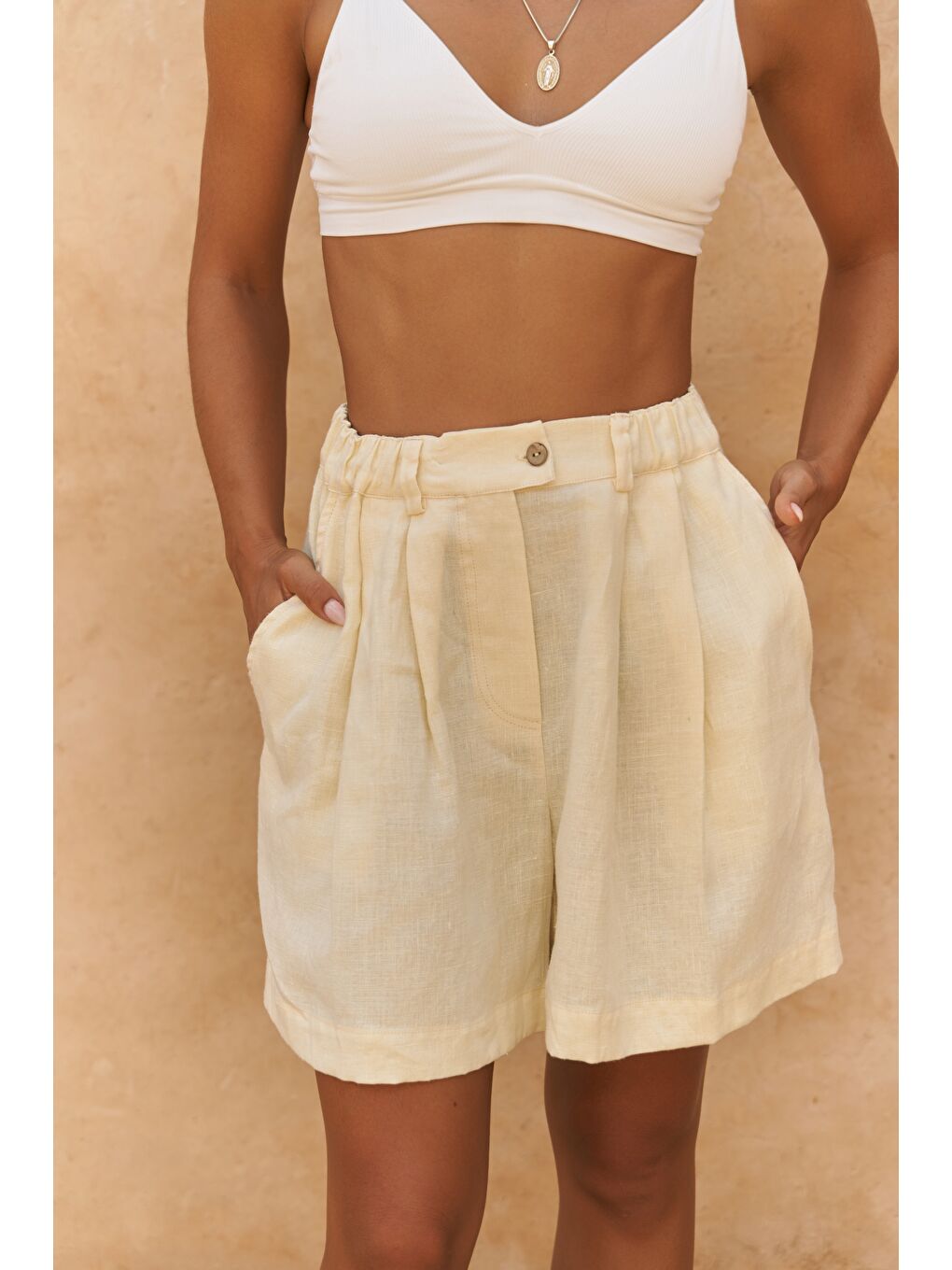 Gaelil Oversize Sarı Keten Gömlek Şort Takım-3