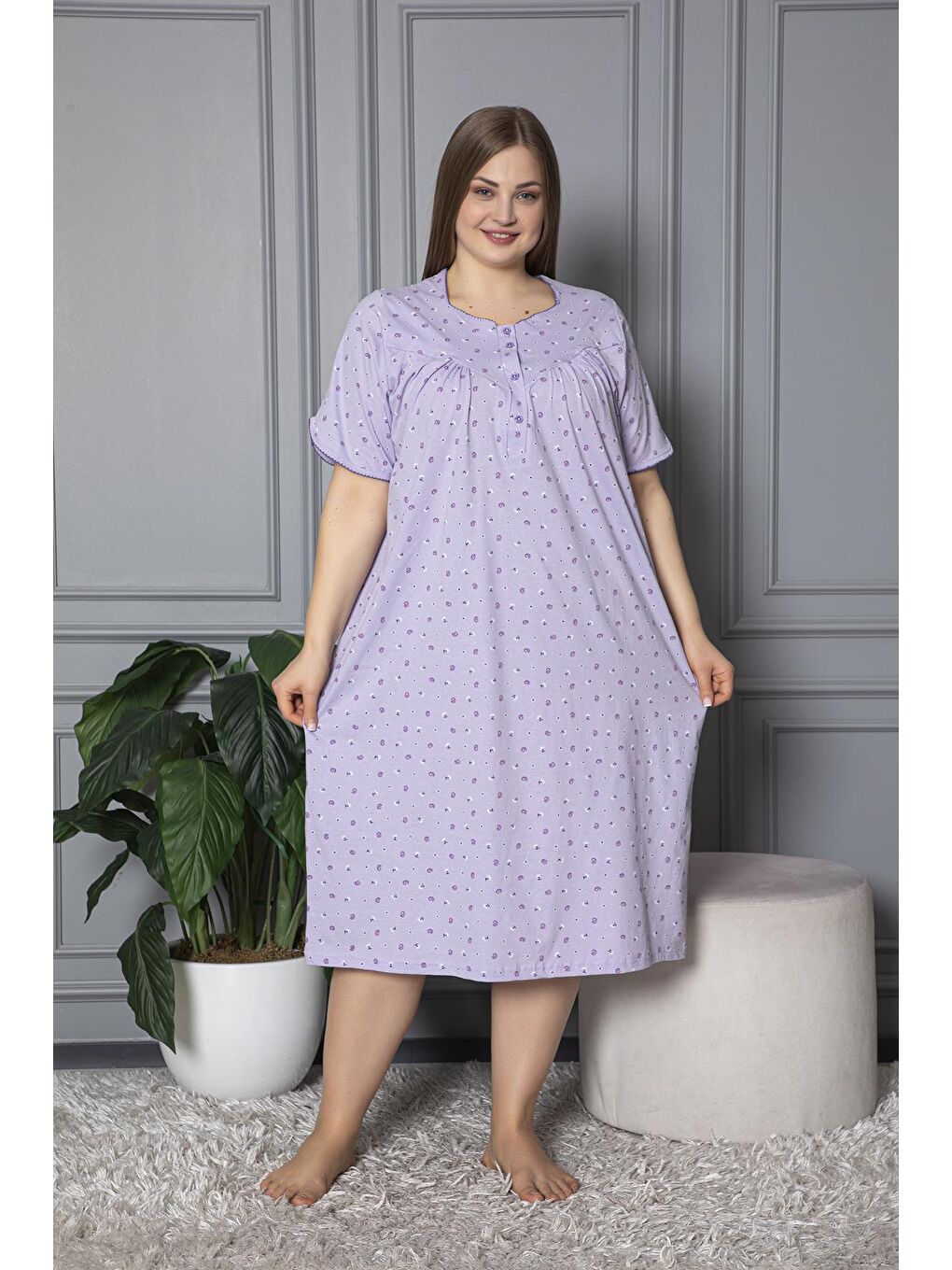 Lila %100 Pamuklu Kısa Kol Penye Büyük Beden Anne Geceliği 127