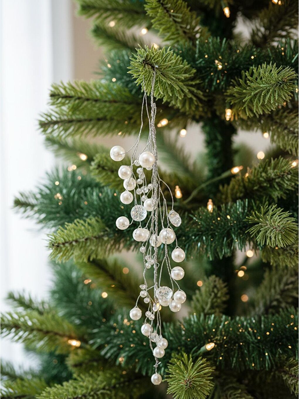 Renksiz Yılbaşı Ağaç Süsü Lüks İnci Kristal Salkım Dekoratif Süs 38 Cm