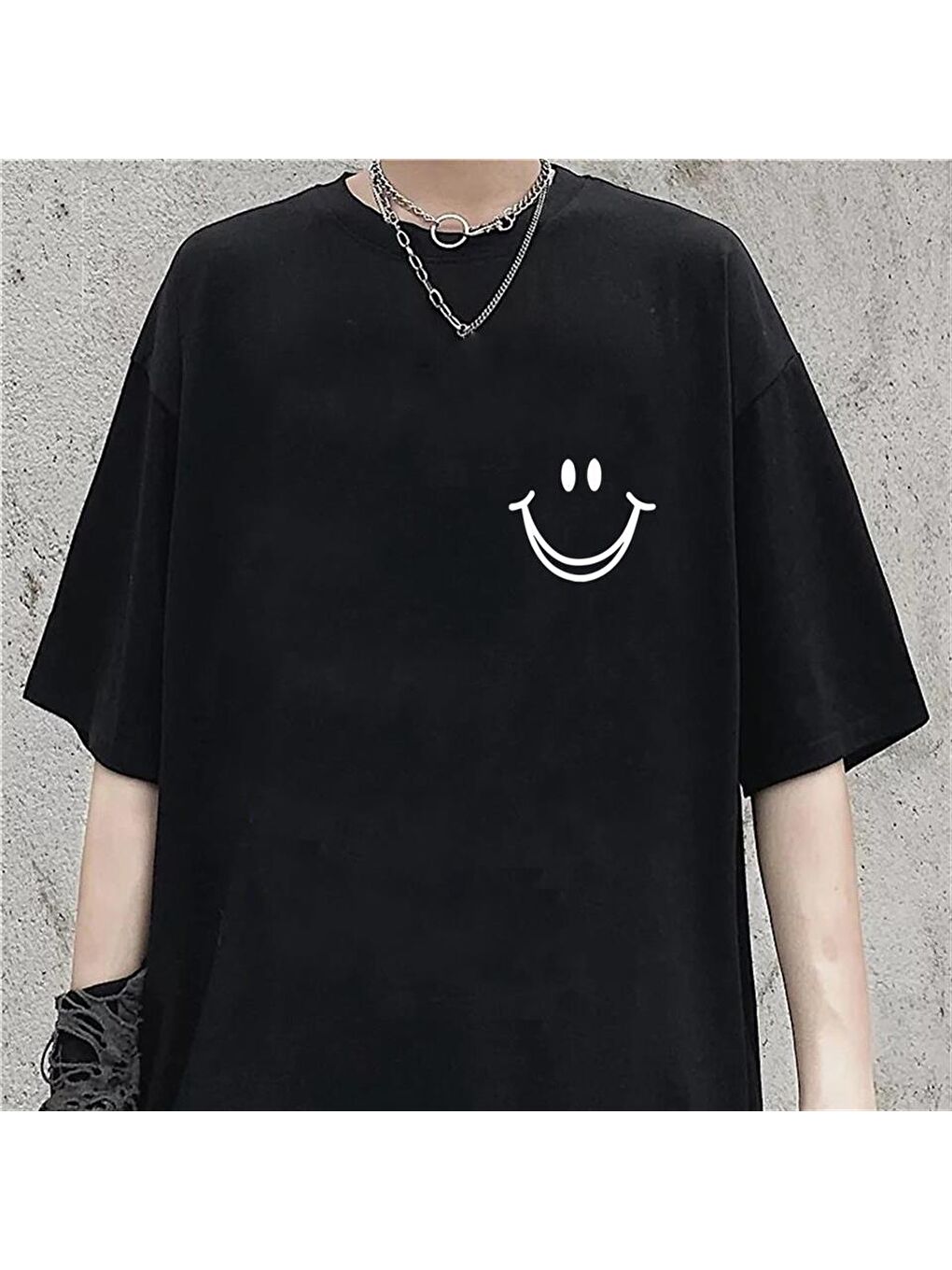 Touz Moda Siyah Smile Baskılı Siyah Unisex Oversize T-shirt