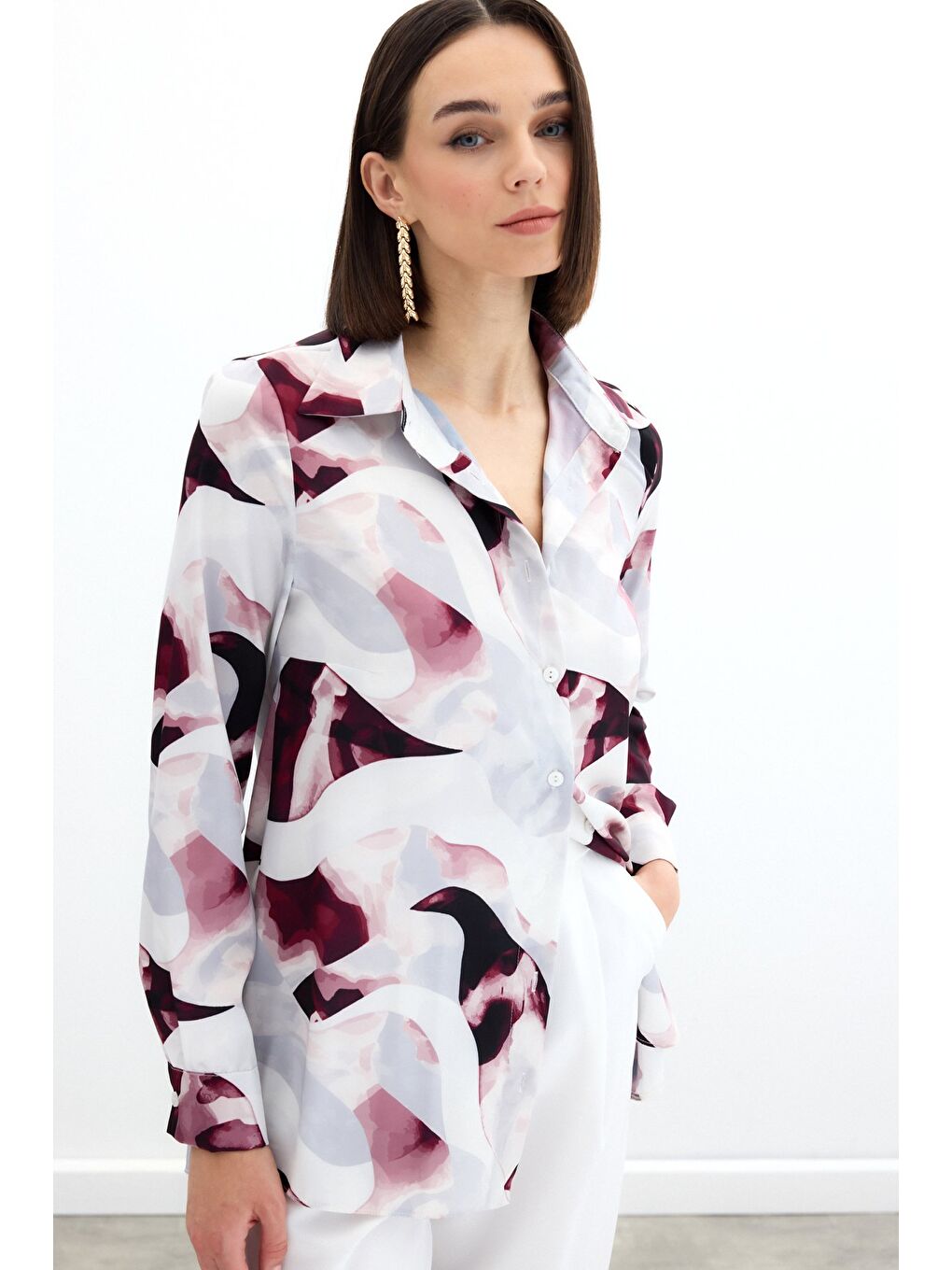 Desenli Gömlek - Bordo-4