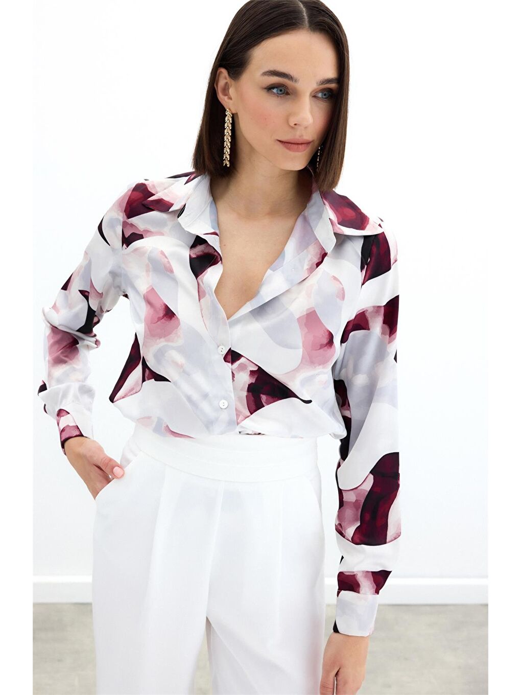Desenli Gömlek - Bordo-5