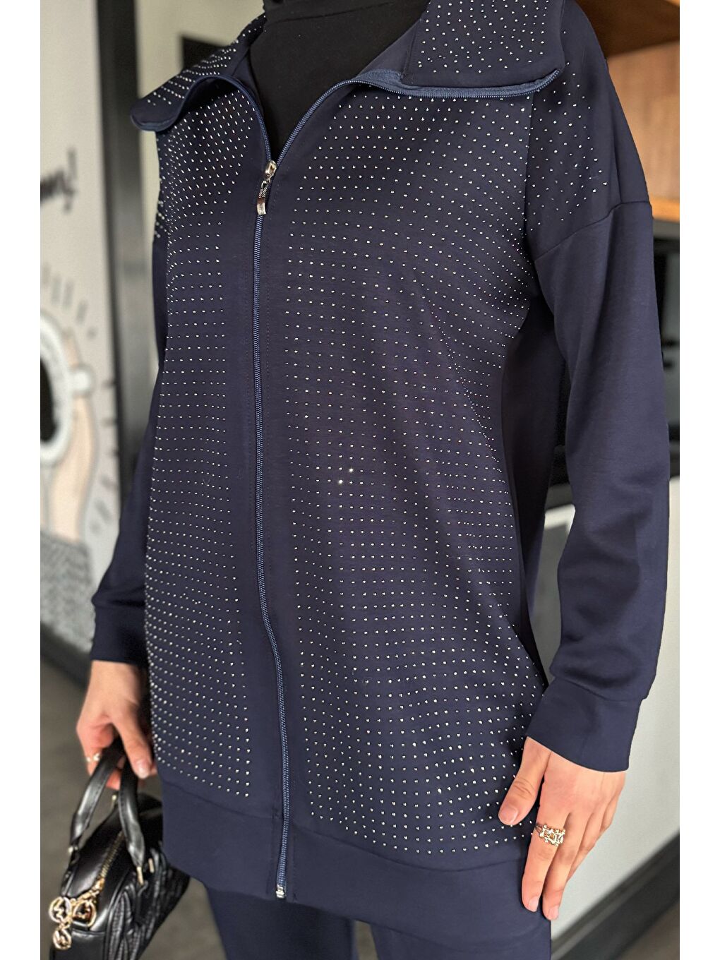 Lacivert Taş Detaylı Fermuarlı Büyük Beden Tesettür Hırka Pantolon İkili Takım-5