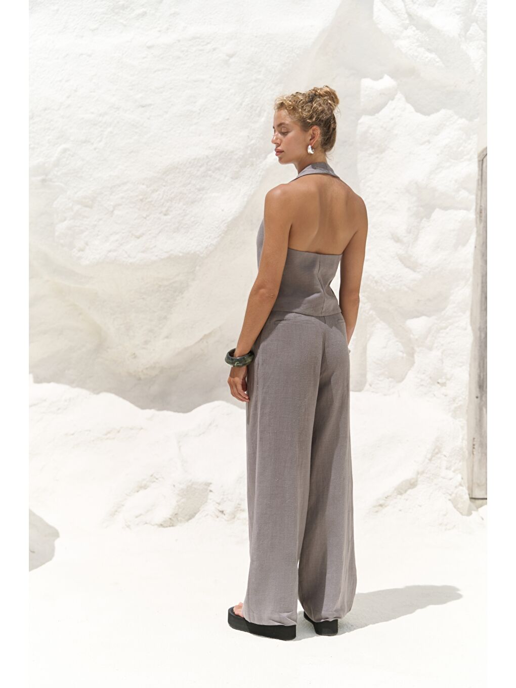 Dena Sırt Dekolteli Antrasit Keten Yelek Pantolon Takım-3