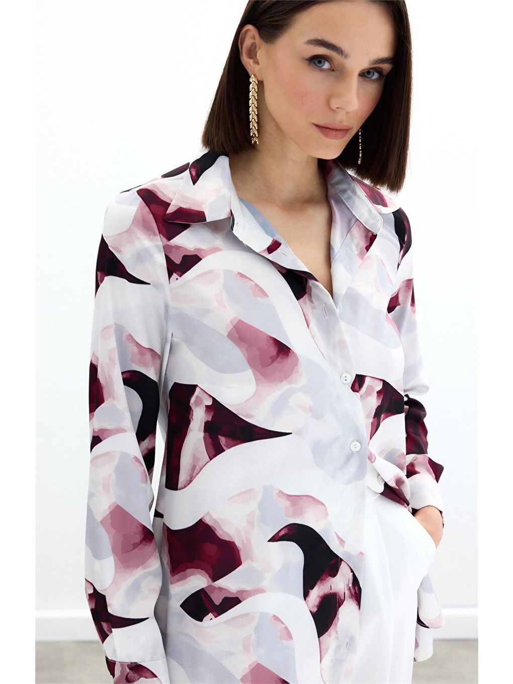Desenli Gömlek - Bordo-6
