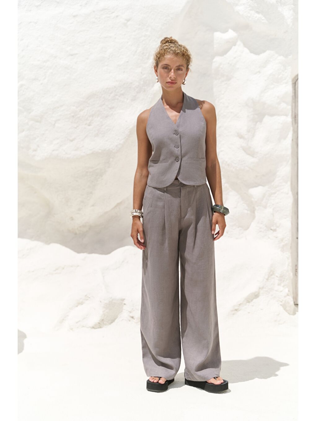 Dena Sırt Dekolteli Antrasit Keten Yelek Pantolon Takım-4