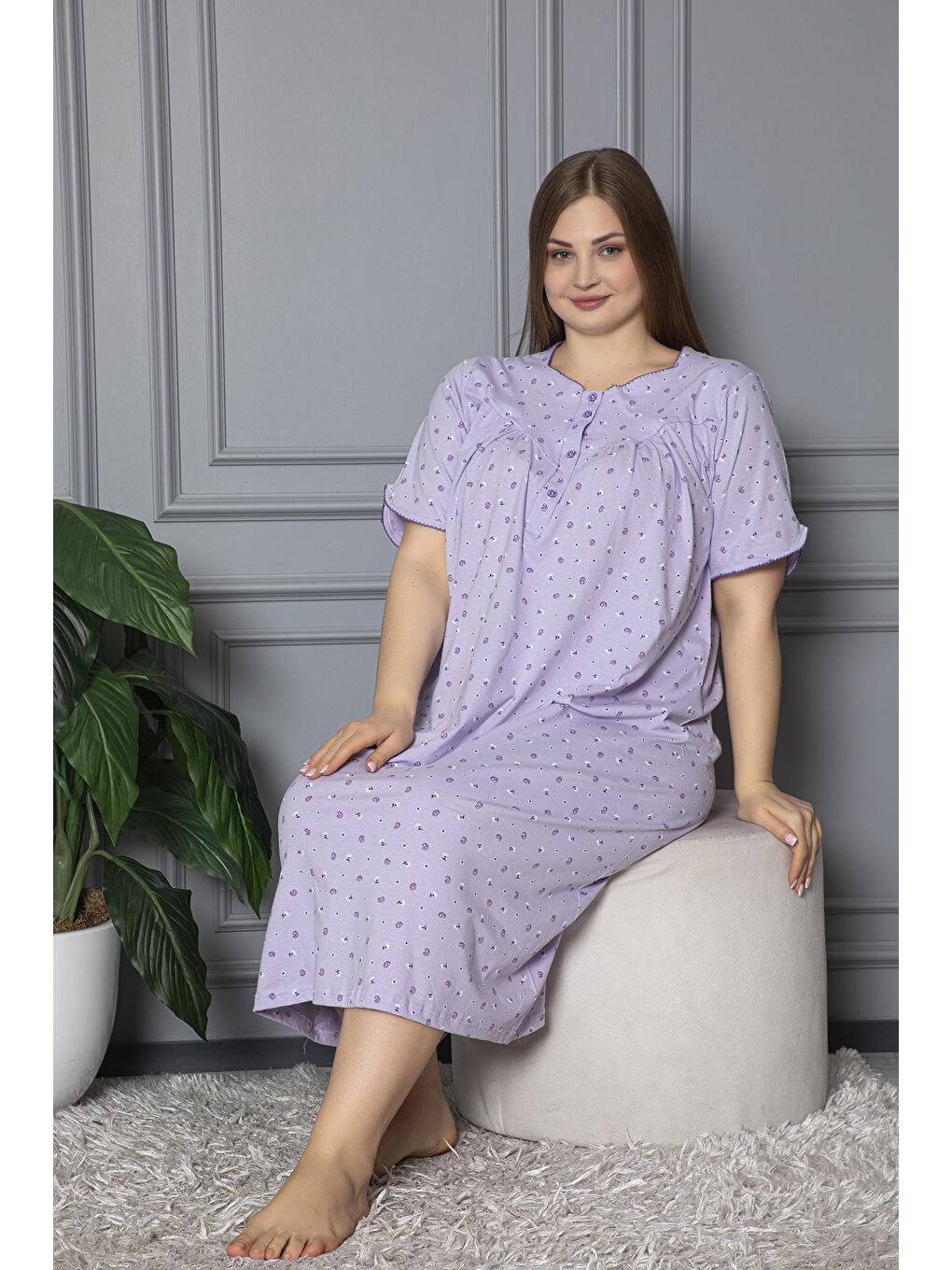 Lila %100 Pamuklu Kısa Kol Penye Büyük Beden Anne Geceliği 127-1