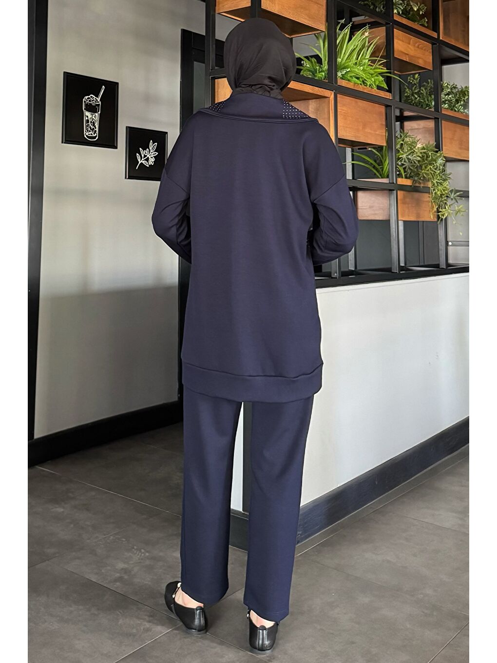 Lacivert Taş Detaylı Fermuarlı Büyük Beden Tesettür Hırka Pantolon İkili Takım-7
