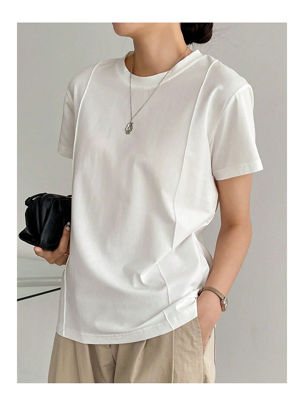 Beyaz Kadın Kısa Kollu Çizgi Detaylı Basic Tişört Süprem Kumaş Yazlık Rahat T-Shirt-2