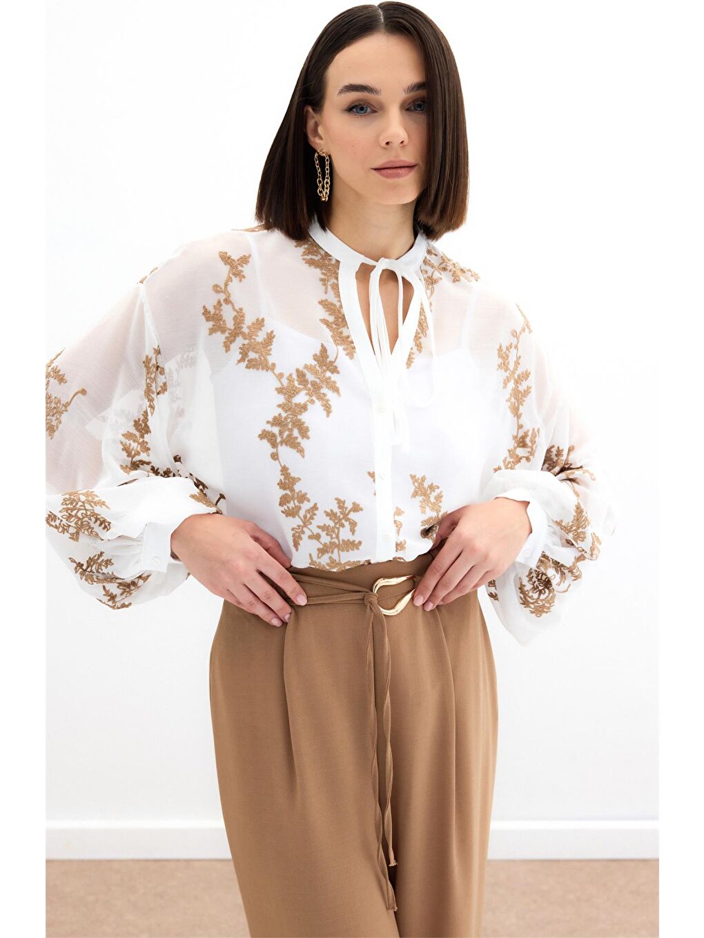 Kahverengi Nakışlı Şifon Gömlek - Camel-3