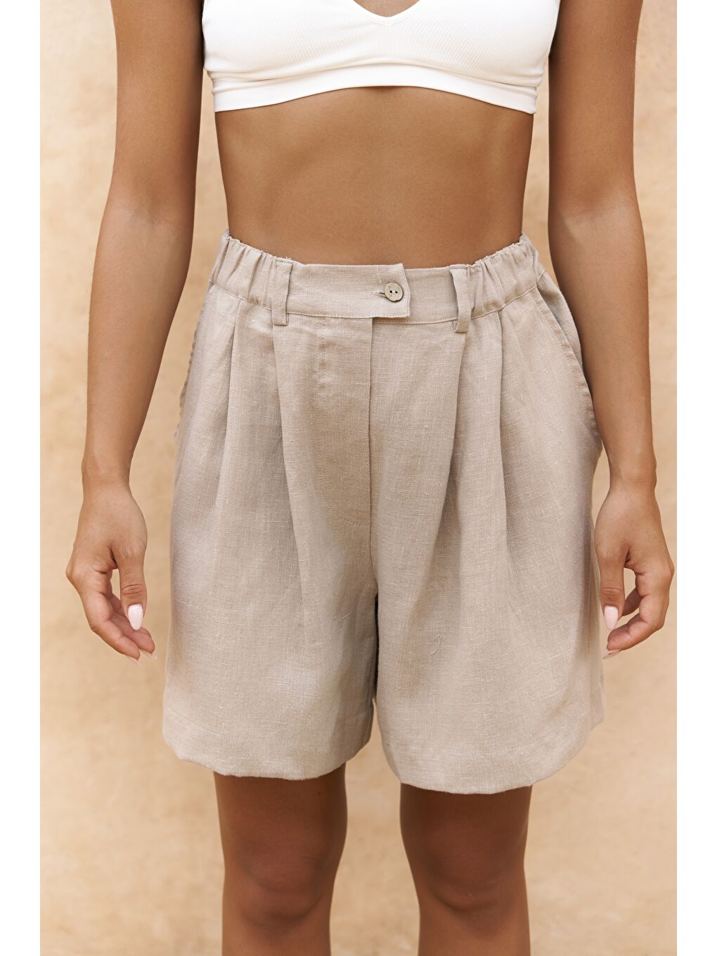 Gaelil Oversize Bej Keten Gömlek Şort Takım-3