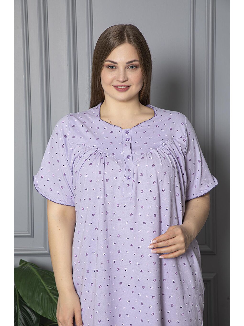 Lila %100 Pamuklu Kısa Kol Penye Büyük Beden Anne Geceliği 127-2