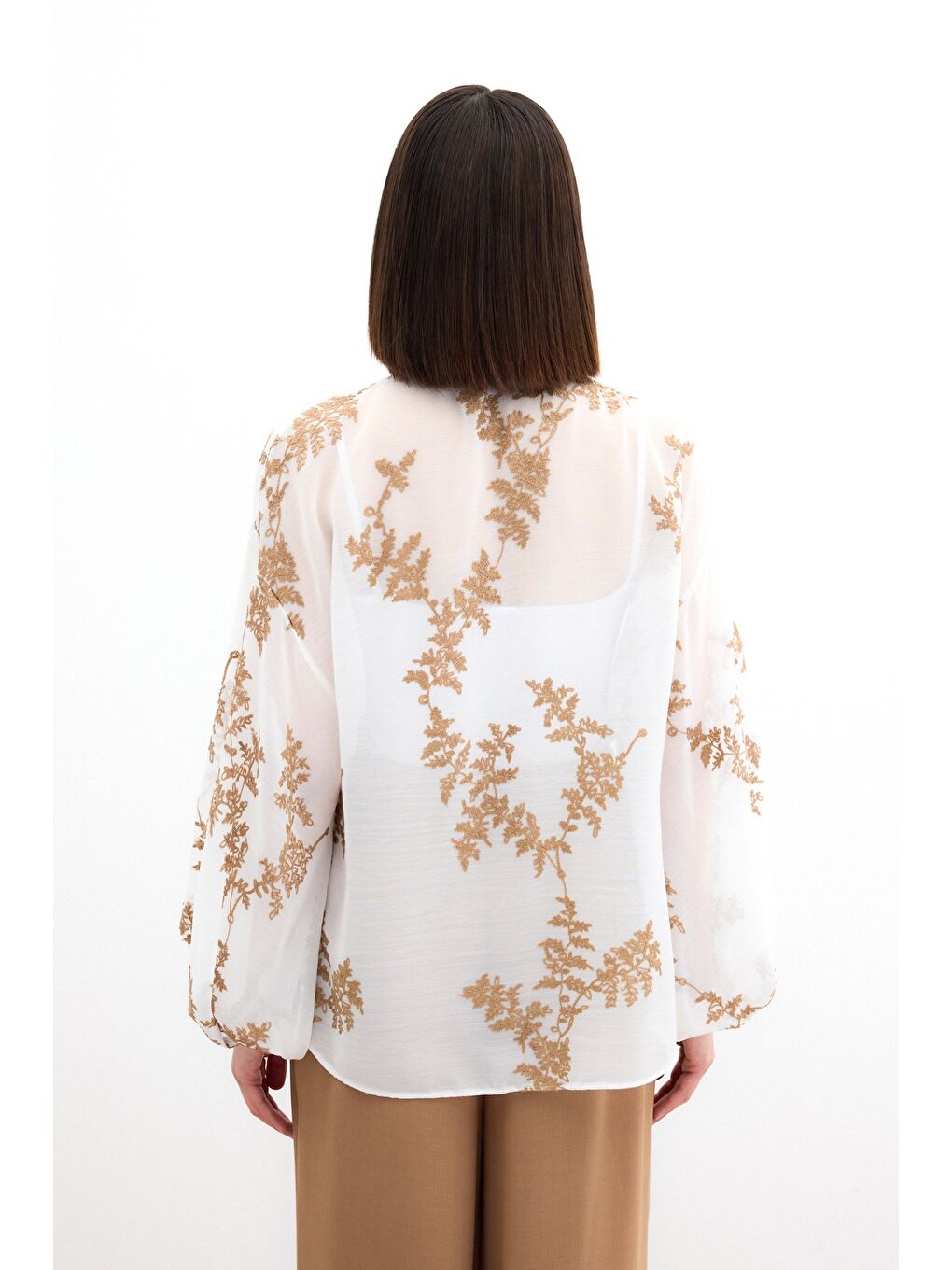 Kahverengi Nakışlı Şifon Gömlek - Camel-5