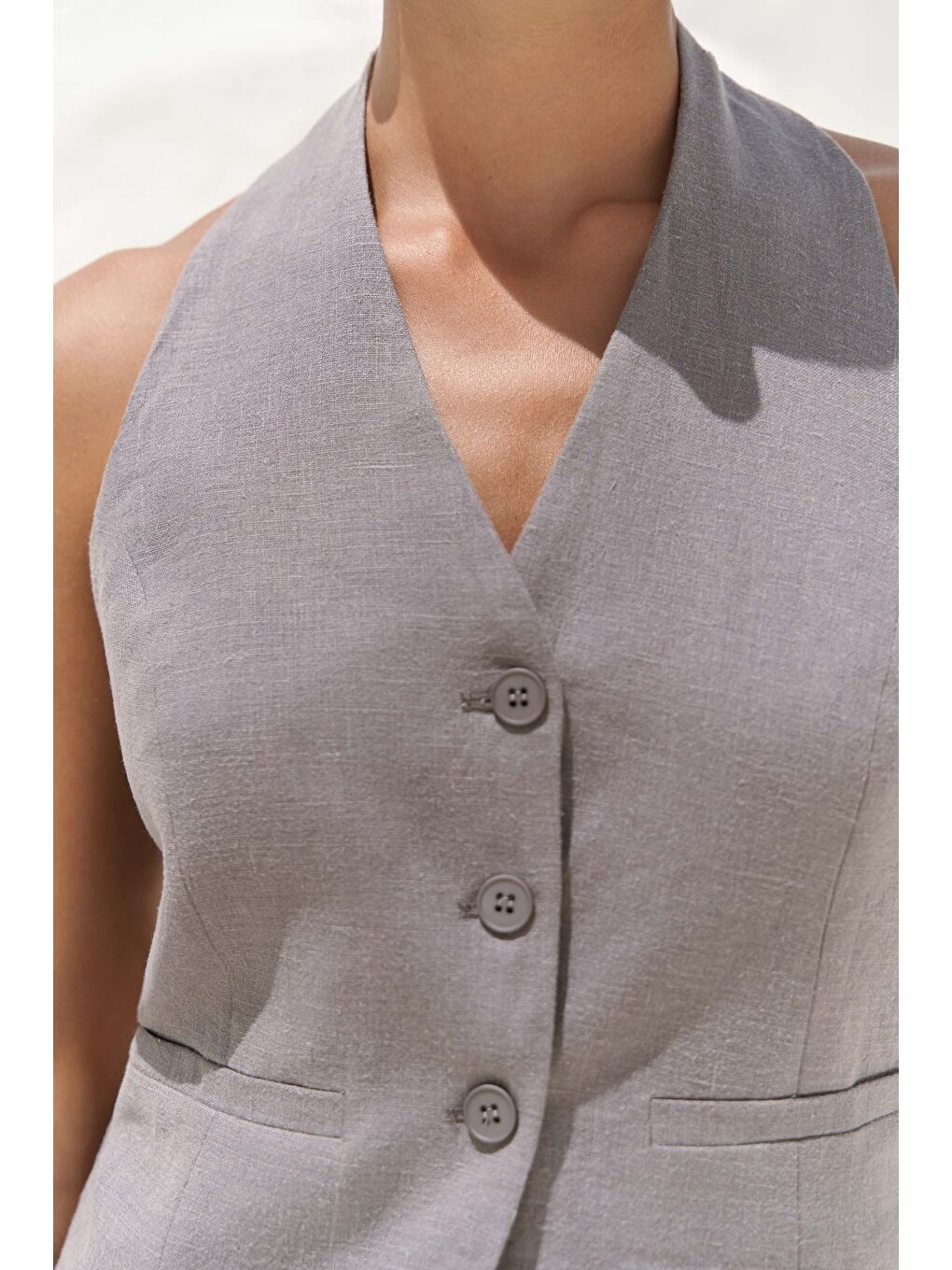 Dena Sırt Dekolteli Antrasit Keten Yelek Pantolon Takım-7