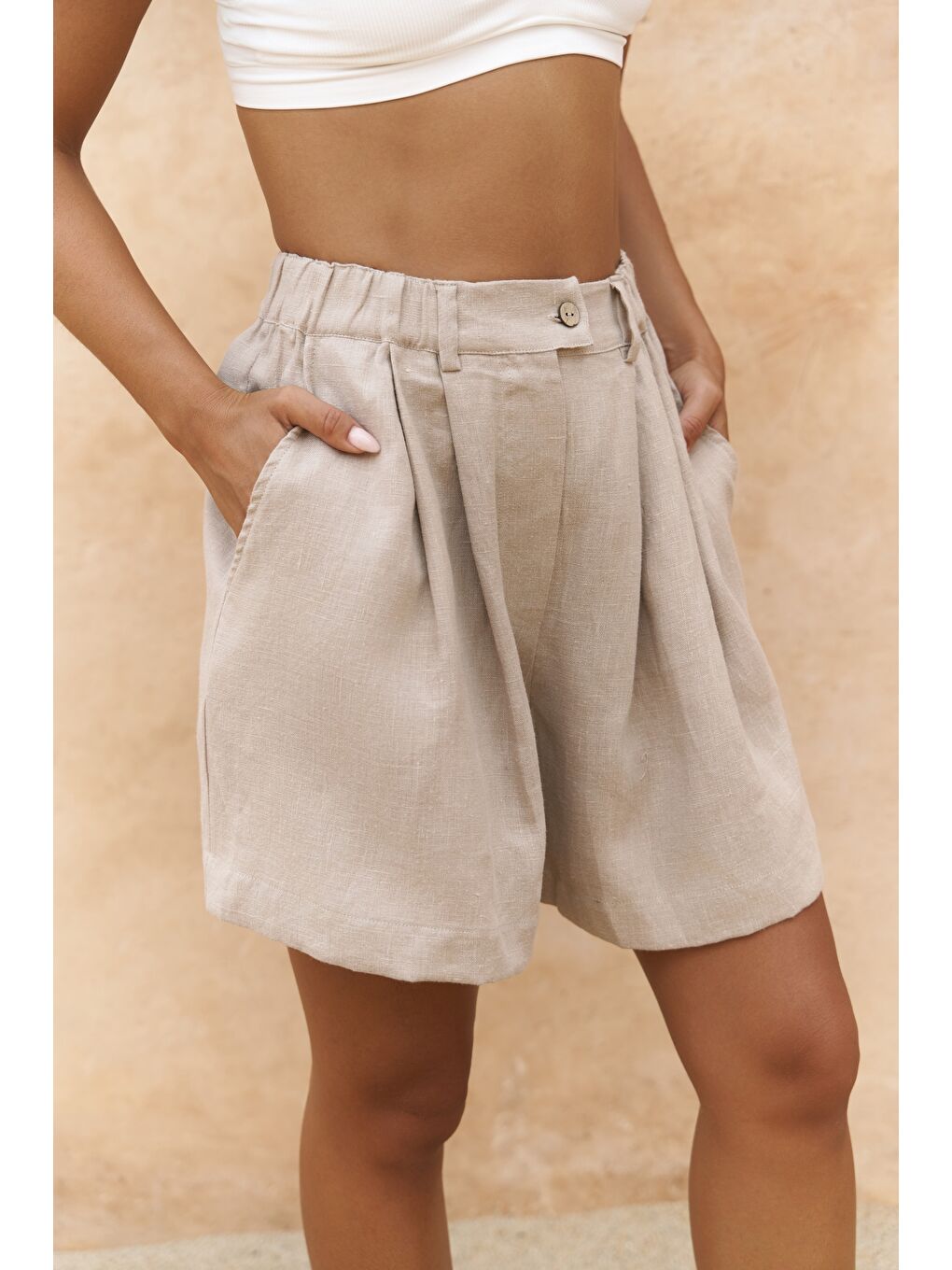 Gaelil Oversize Bej Keten Gömlek Şort Takım-4