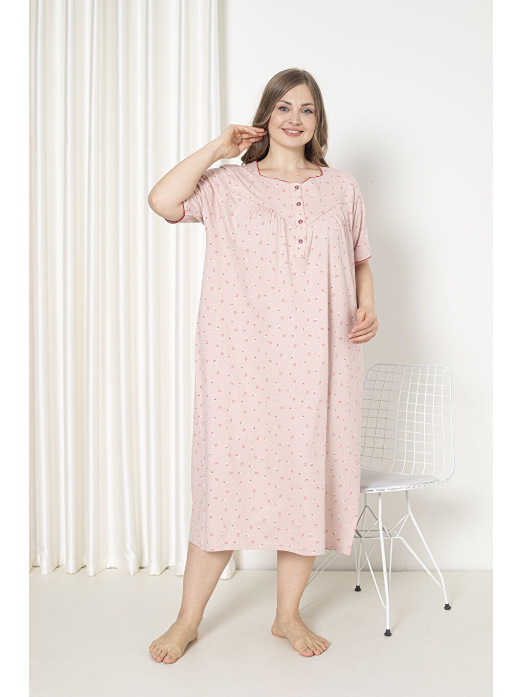 Pembe %100 Pamuklu Kısa Kol Penye Büyük Beden Anne Geceliği 127-1