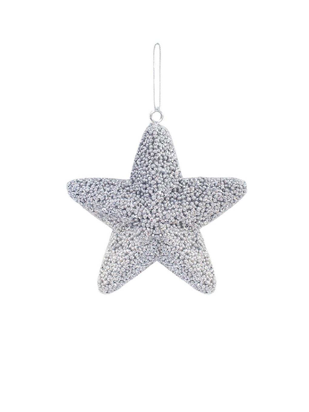 Gri Yılbaşı Ağaç Süsü Kabartma Detaylı Simli Yıldız Dekoratif Süs Gümüş 15 cm-2