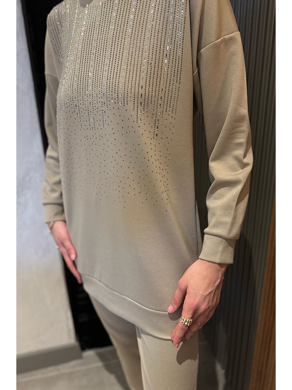 Bej Büyük Beden Taşlı Tesettür Tunik Pantolon İkili Takım-5