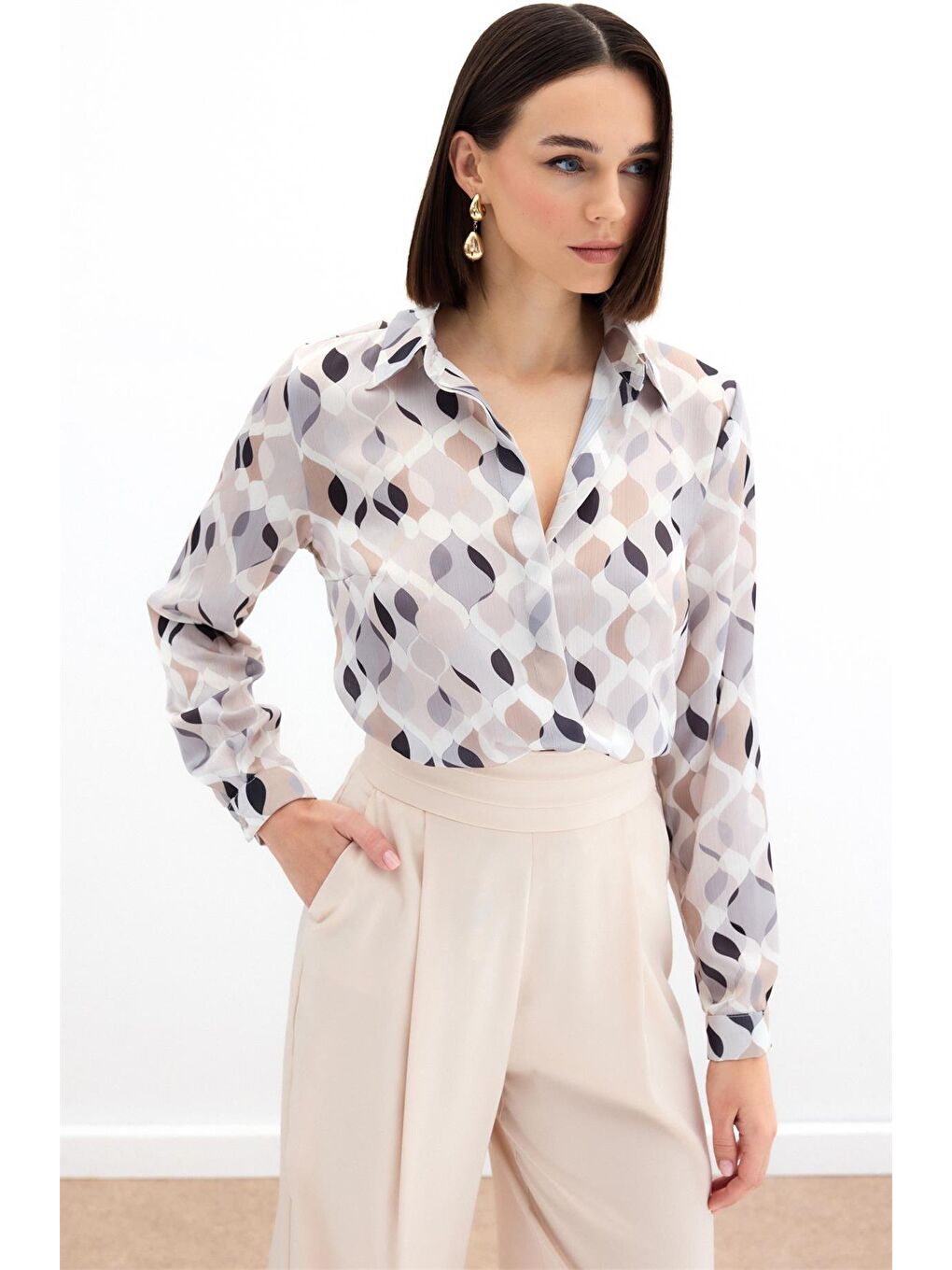 Desenli Klasik Gömlek - Bej-1