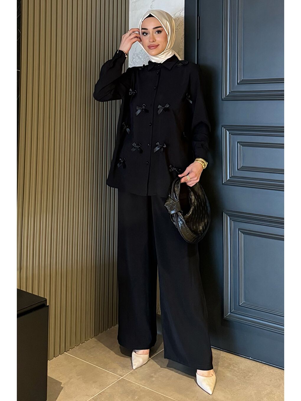 Siyah Kadın Fiyonk Detaylı Tesettür Gömlek Pantolon İkili Takım-1