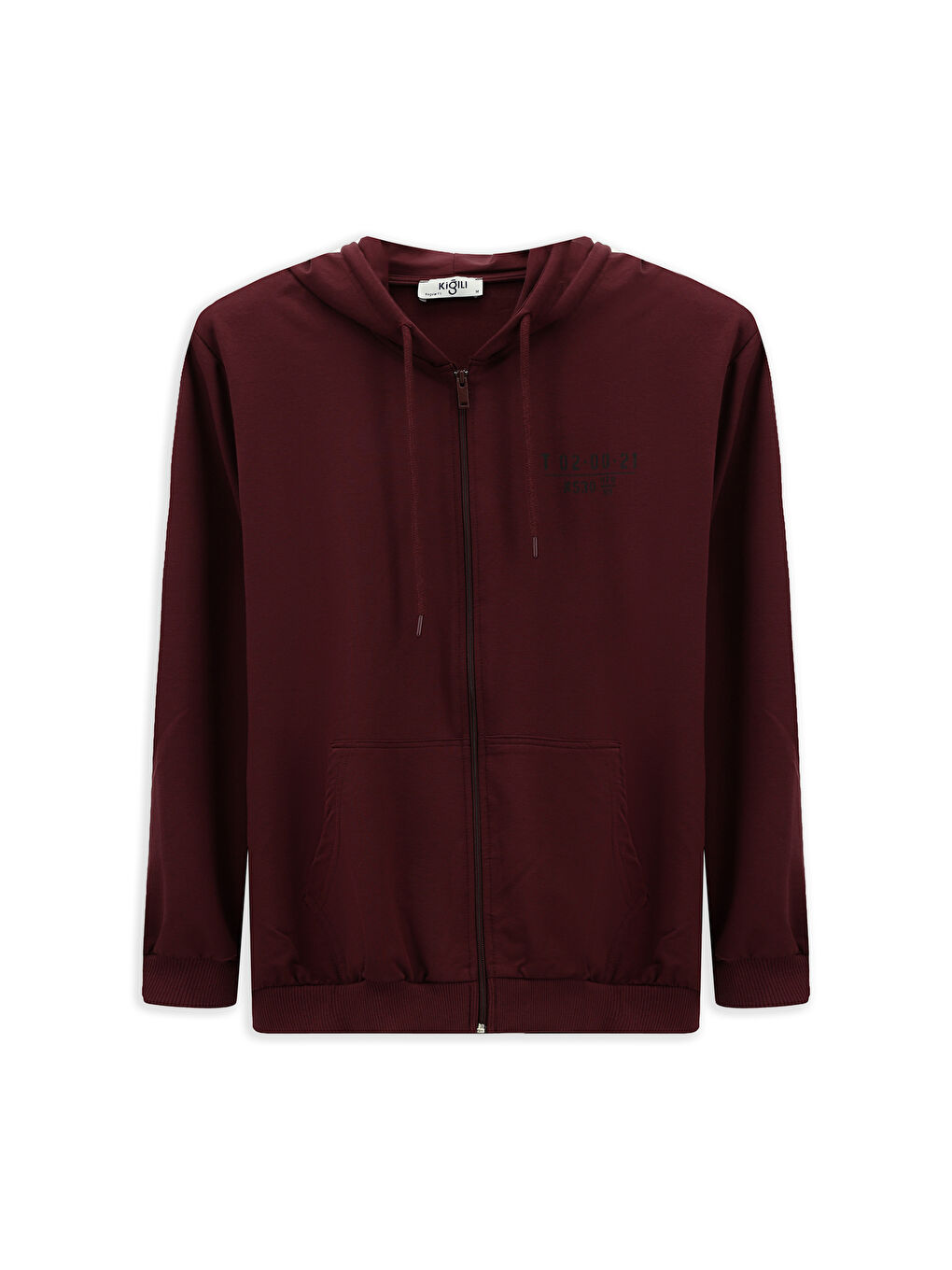 Bordo Kapüşonlu Regular Fit Fermuarlı Baskılı Pamuklu Büyük Beden Sweatshirt
