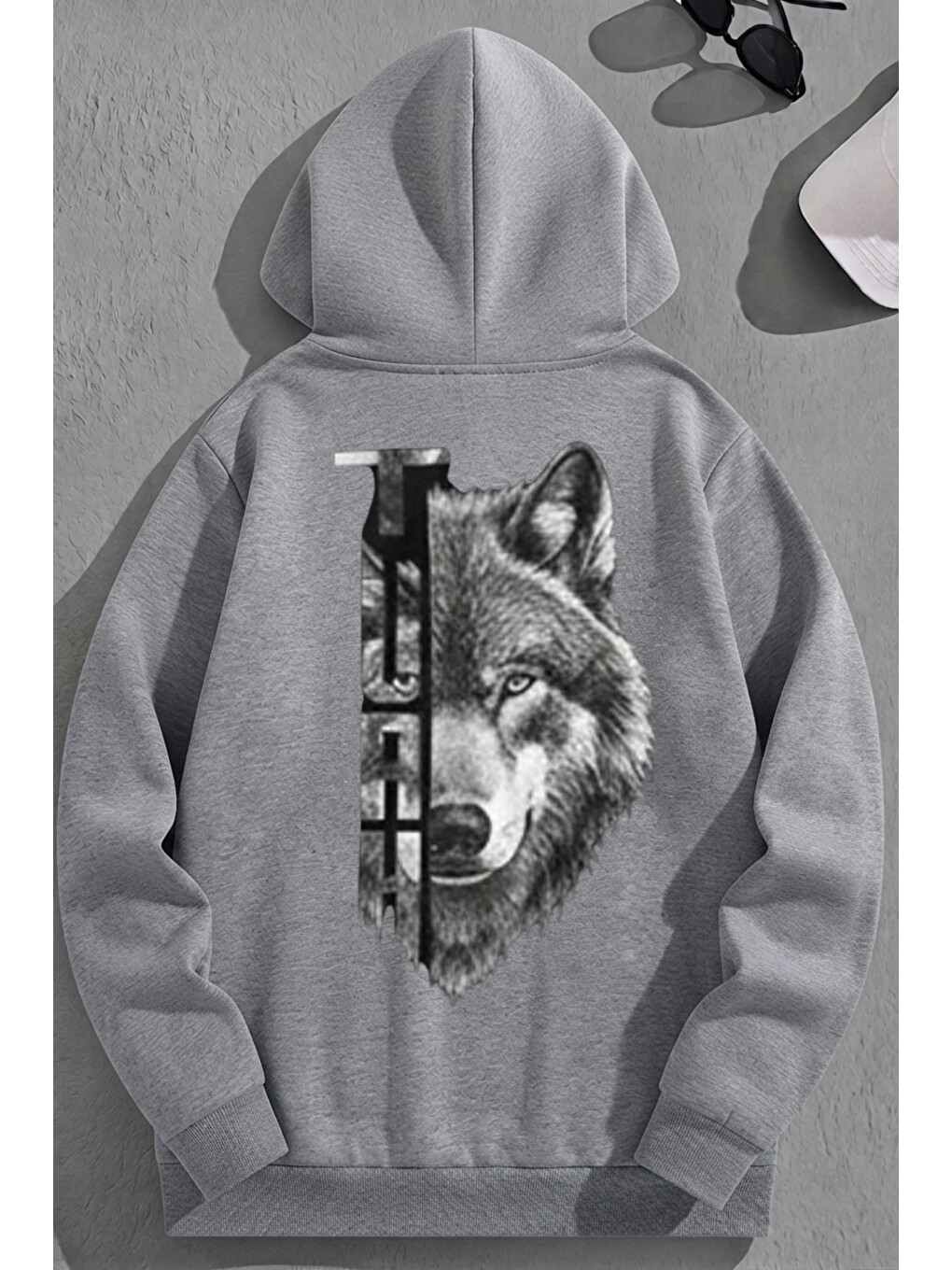 Unisex 3 İplik Pamuklu Gri Turkkurt Baskı Bol Kalıp Sweatshirt Hoodie