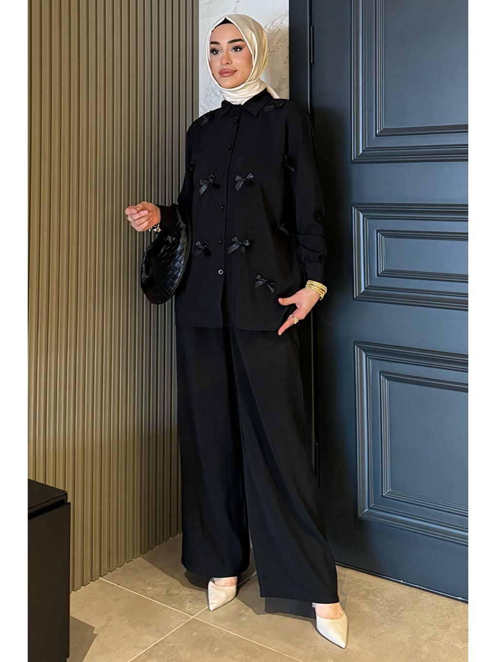 Siyah Kadın Fiyonk Detaylı Tesettür Gömlek Pantolon İkili Takım-2