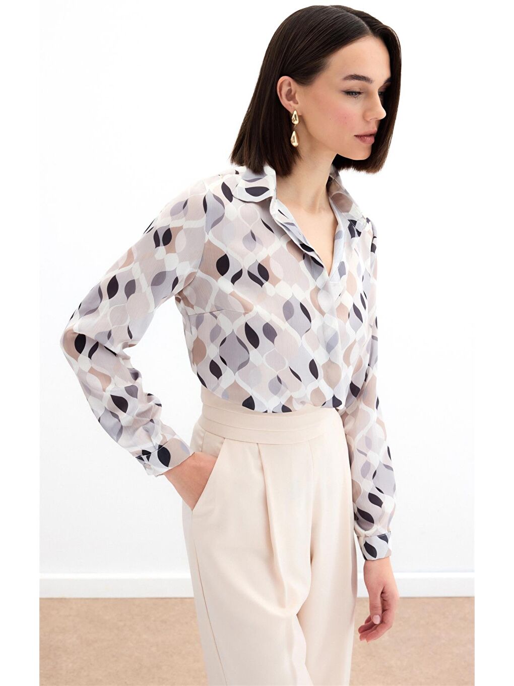 Desenli Klasik Gömlek - Bej-2