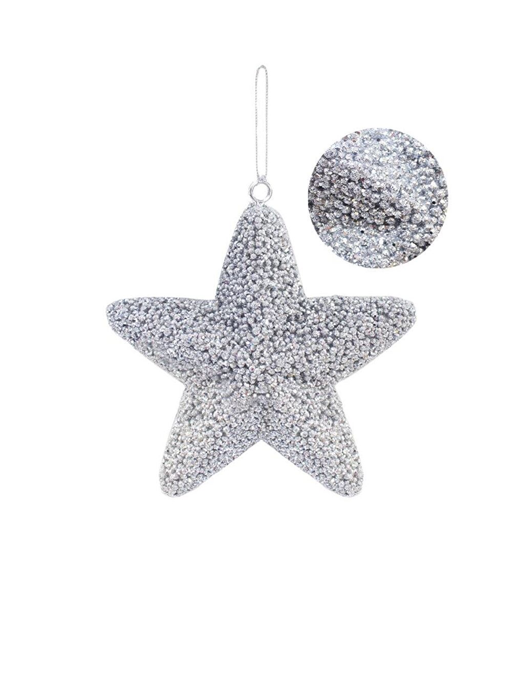 Gri Yılbaşı Ağaç Süsü Kabartma Detaylı Simli Yıldız Dekoratif Süs Gümüş 15 cm-3