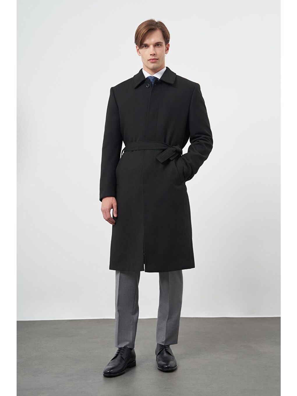 Siyah 115 Cm Kaşe Polo Yaka Düz Esnek Garnisiz-Biyesiz Comfort Fit Palto 1005245150