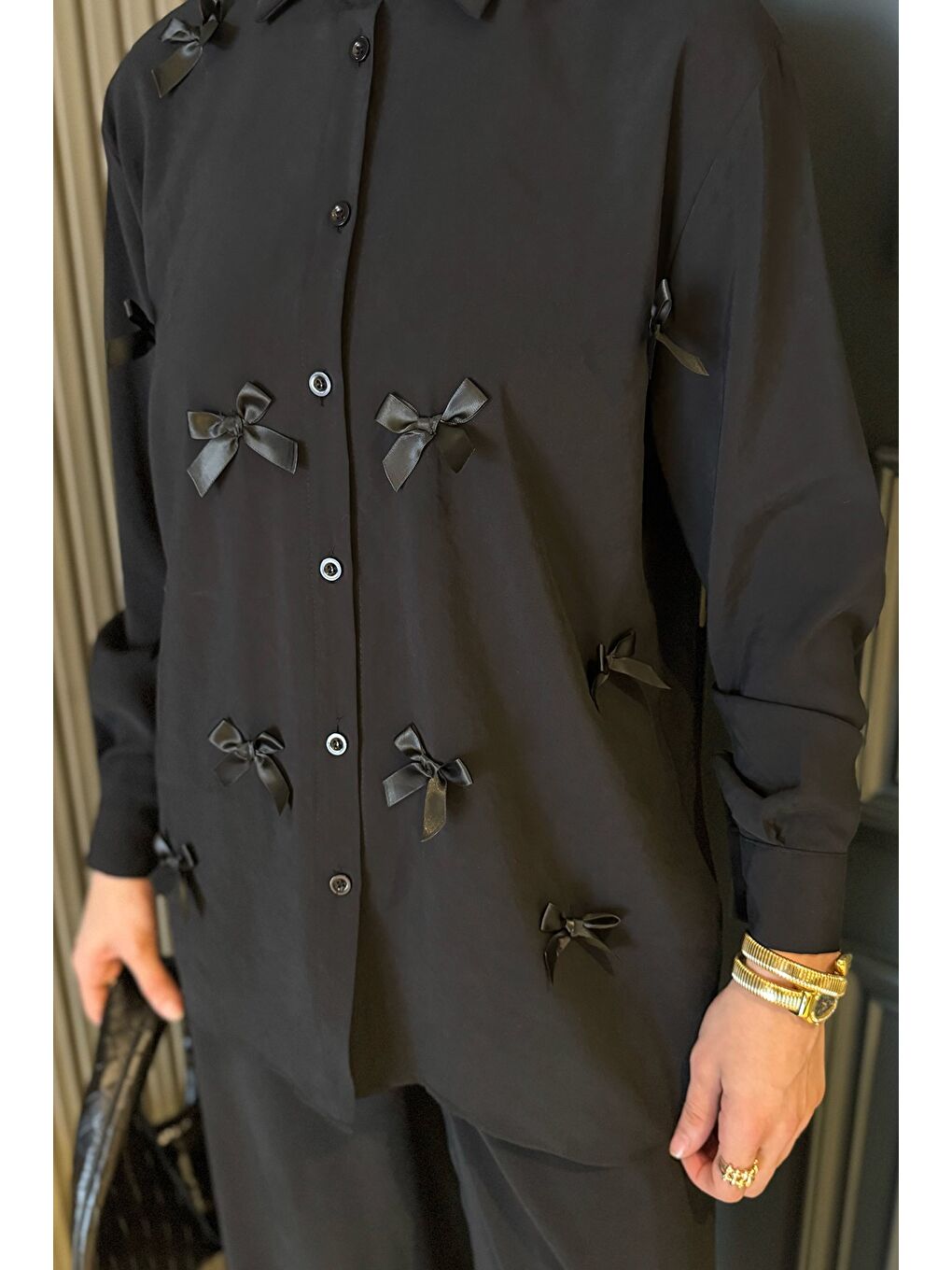 Siyah Kadın Fiyonk Detaylı Tesettür Gömlek Pantolon İkili Takım-4