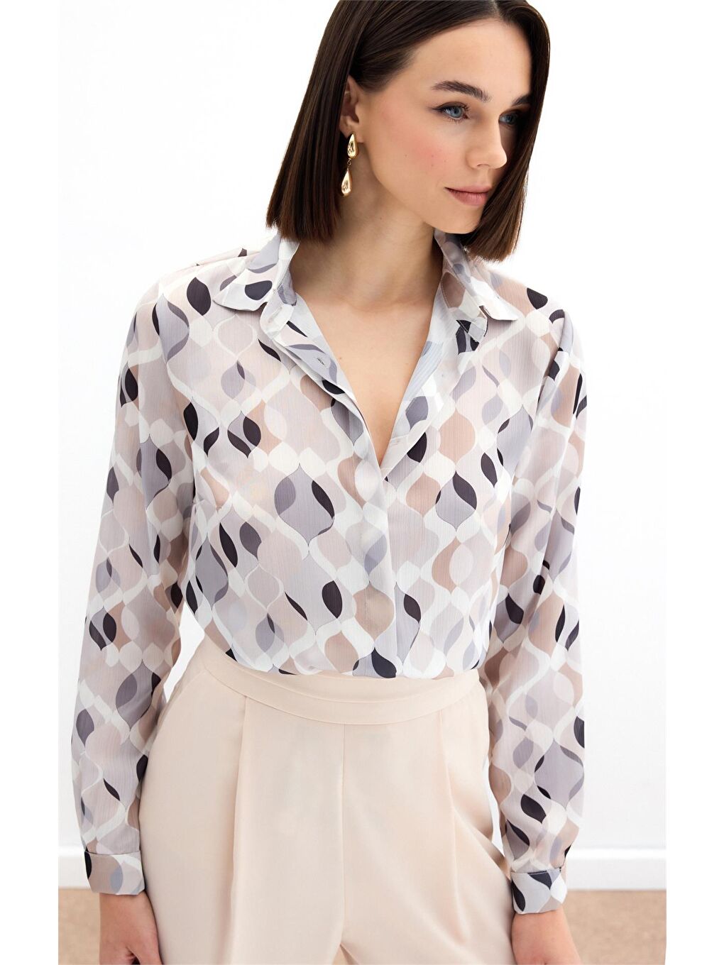 Desenli Klasik Gömlek - Bej-3