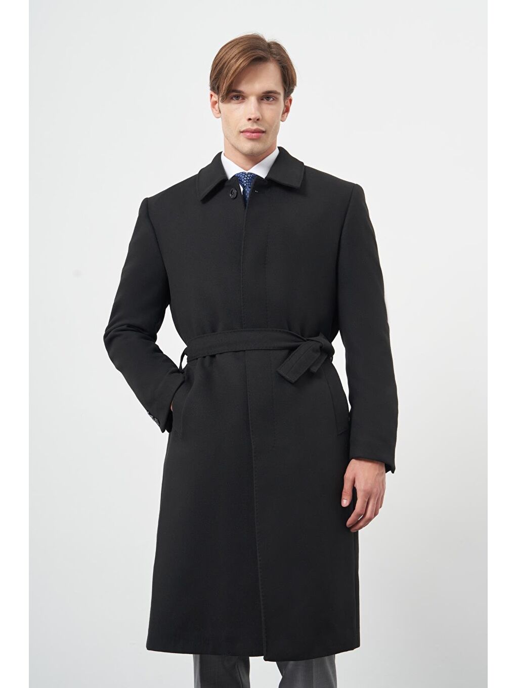 Siyah 115 Cm Kaşe Polo Yaka Düz Esnek Garnisiz-Biyesiz Comfort Fit Palto 1005245150-1