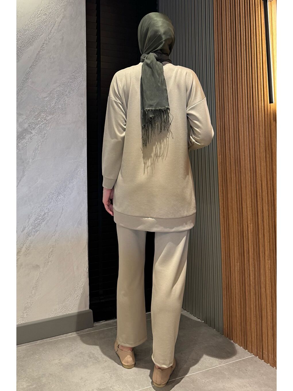 Bej Büyük Beden Taşlı Tesettür Tunik Pantolon İkili Takım-7