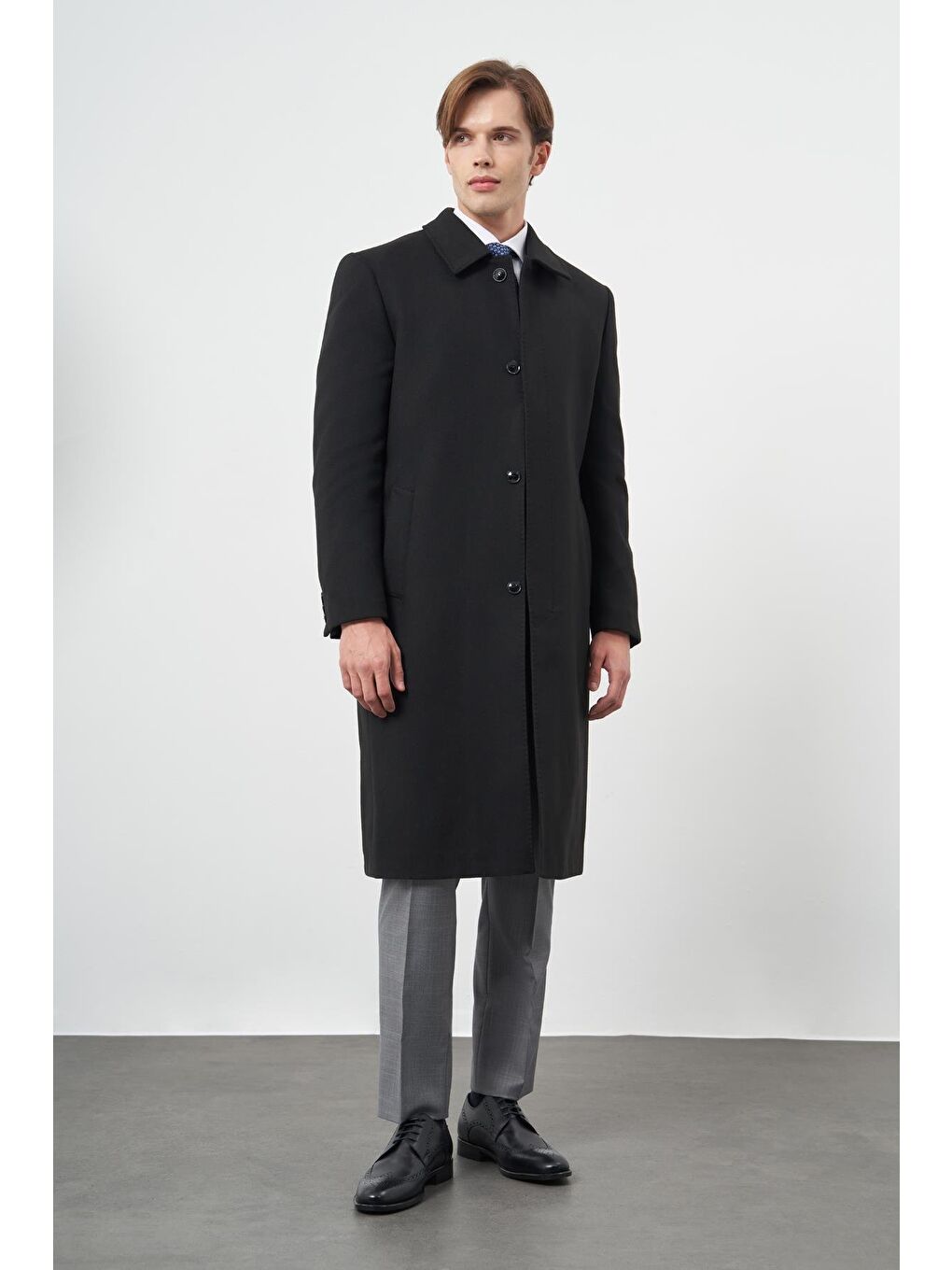 Siyah 115 Cm Kaşe Polo Yaka Düz Esnek Garnisiz-Biyesiz Comfort Fit Palto 1005245150-2