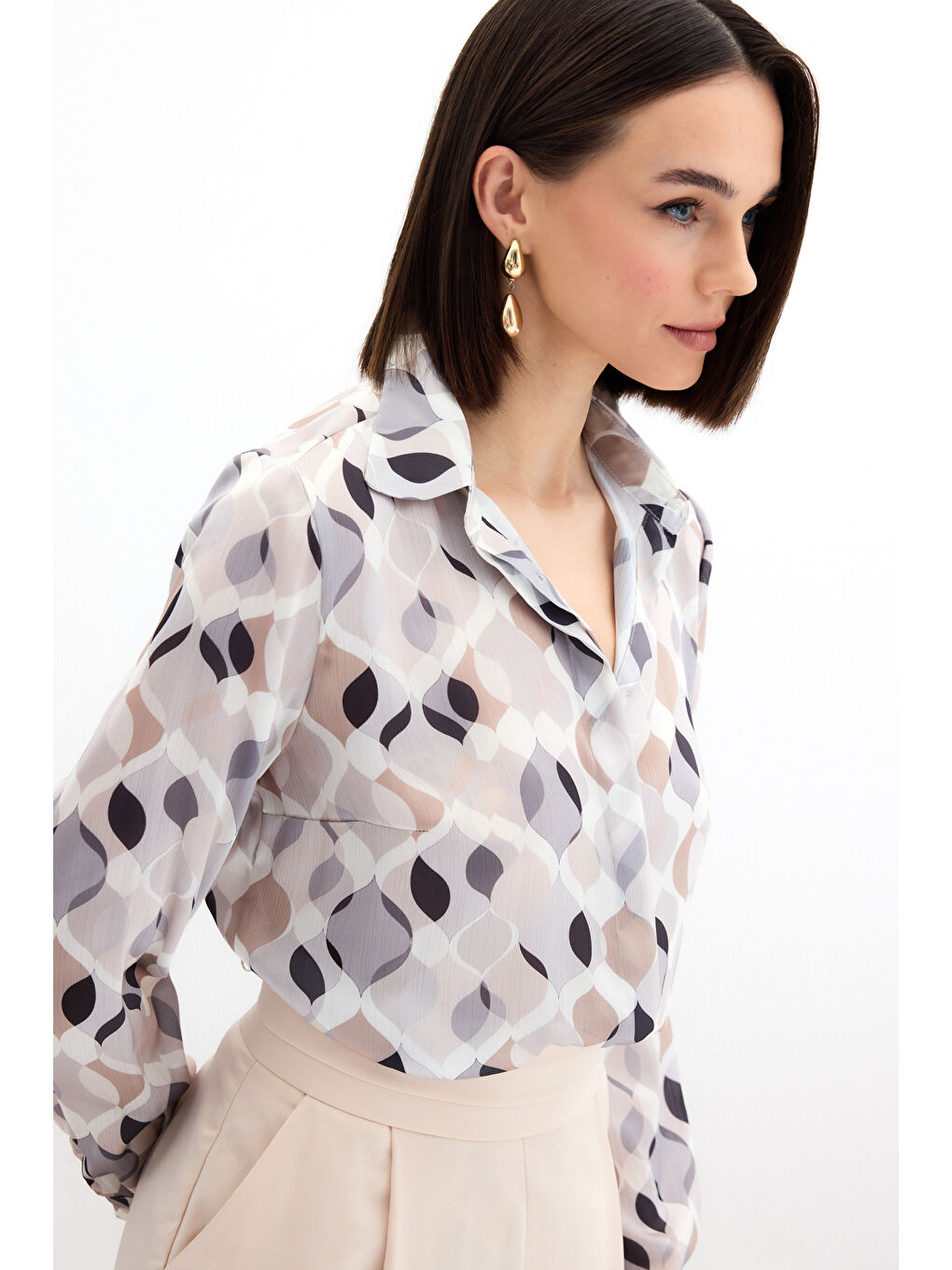 Desenli Klasik Gömlek - Bej-4