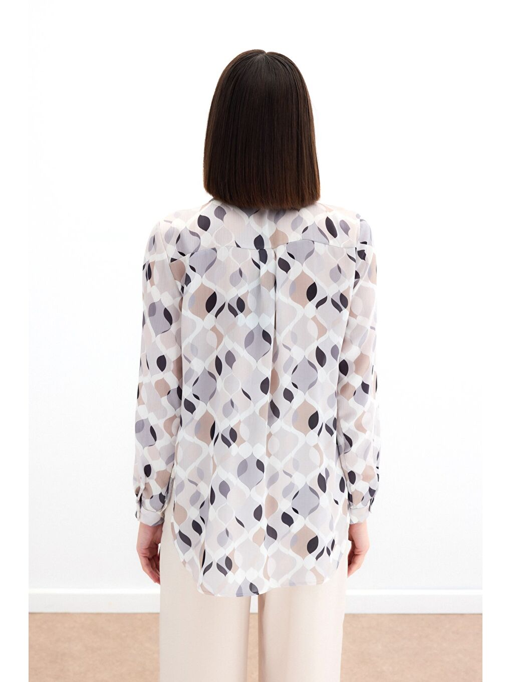 Desenli Klasik Gömlek - Bej-5