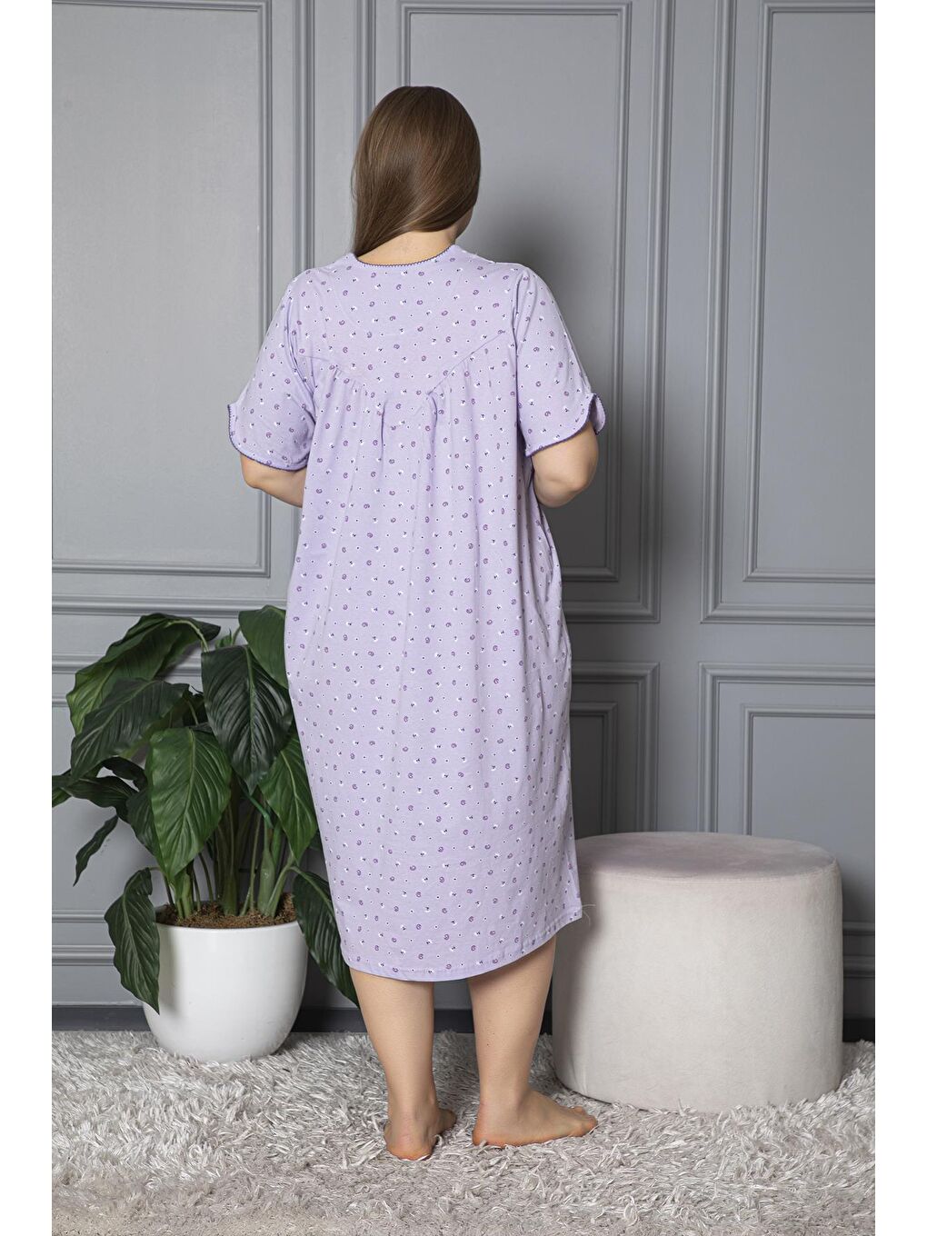 Lila %100 Pamuklu Kısa Kol Penye Büyük Beden Anne Geceliği 127-3