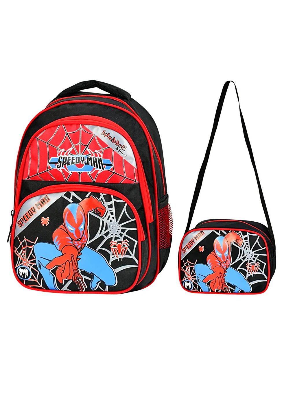 3 Bölmeli İlkokul Çantası ve Beslenme Çantası Örümcek Kırmızı-Siyah 5013